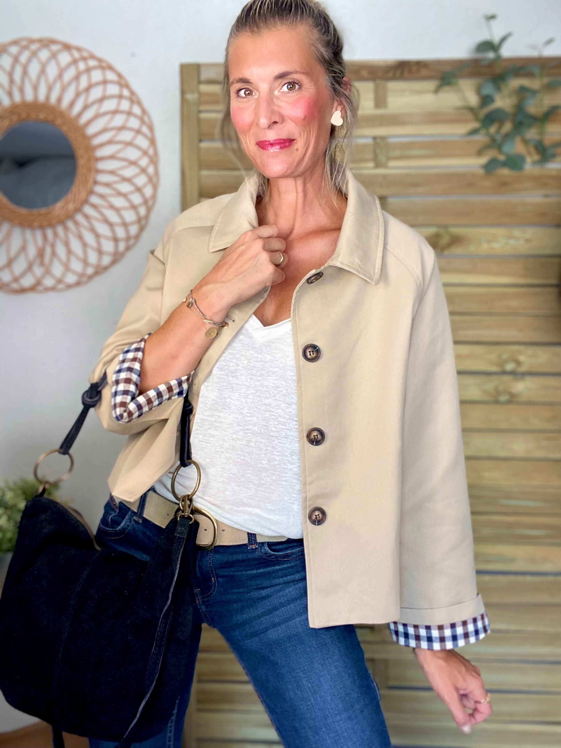Veste Trench en coton beige avec vichy - YSEULT