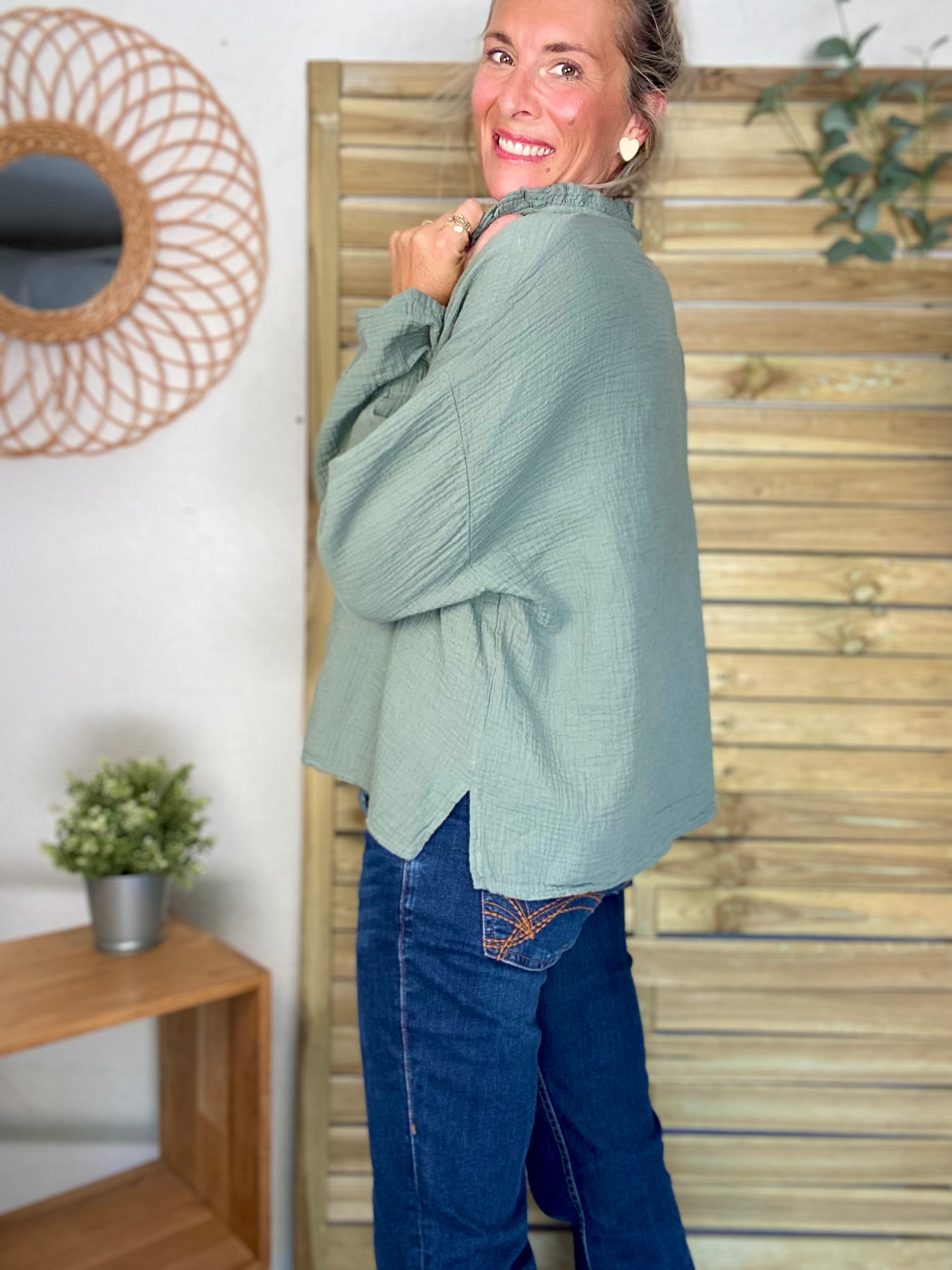 Blouse en gaze de coton SIERRA Kaki - manches longues