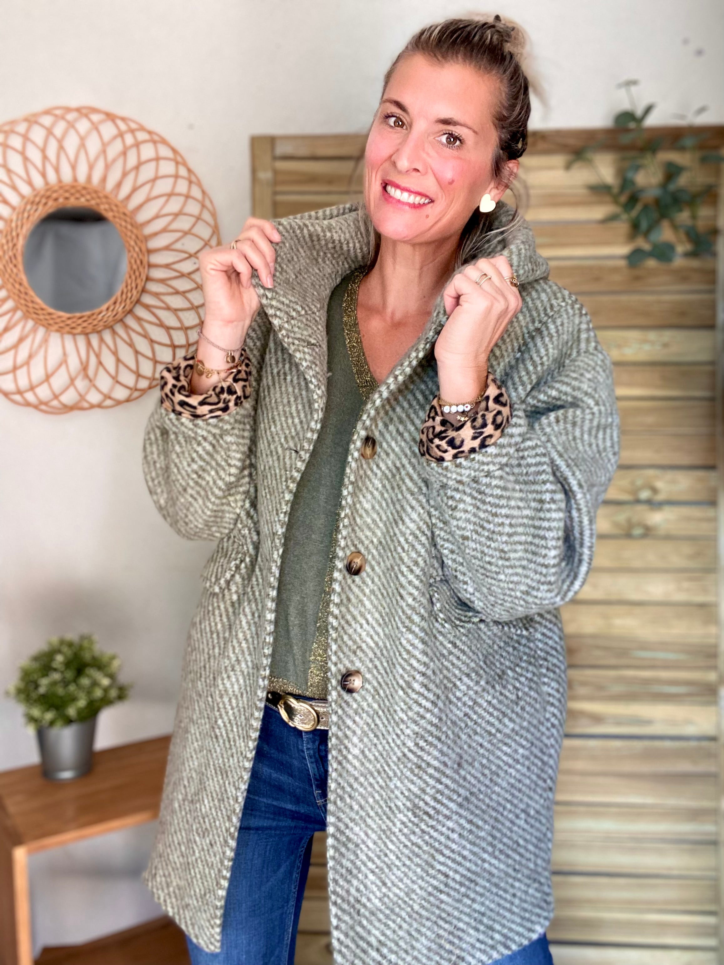 Manteau laine AGATHE avec détails Léo (étoile capuche) - Kaki - FIN DE SÉRIE