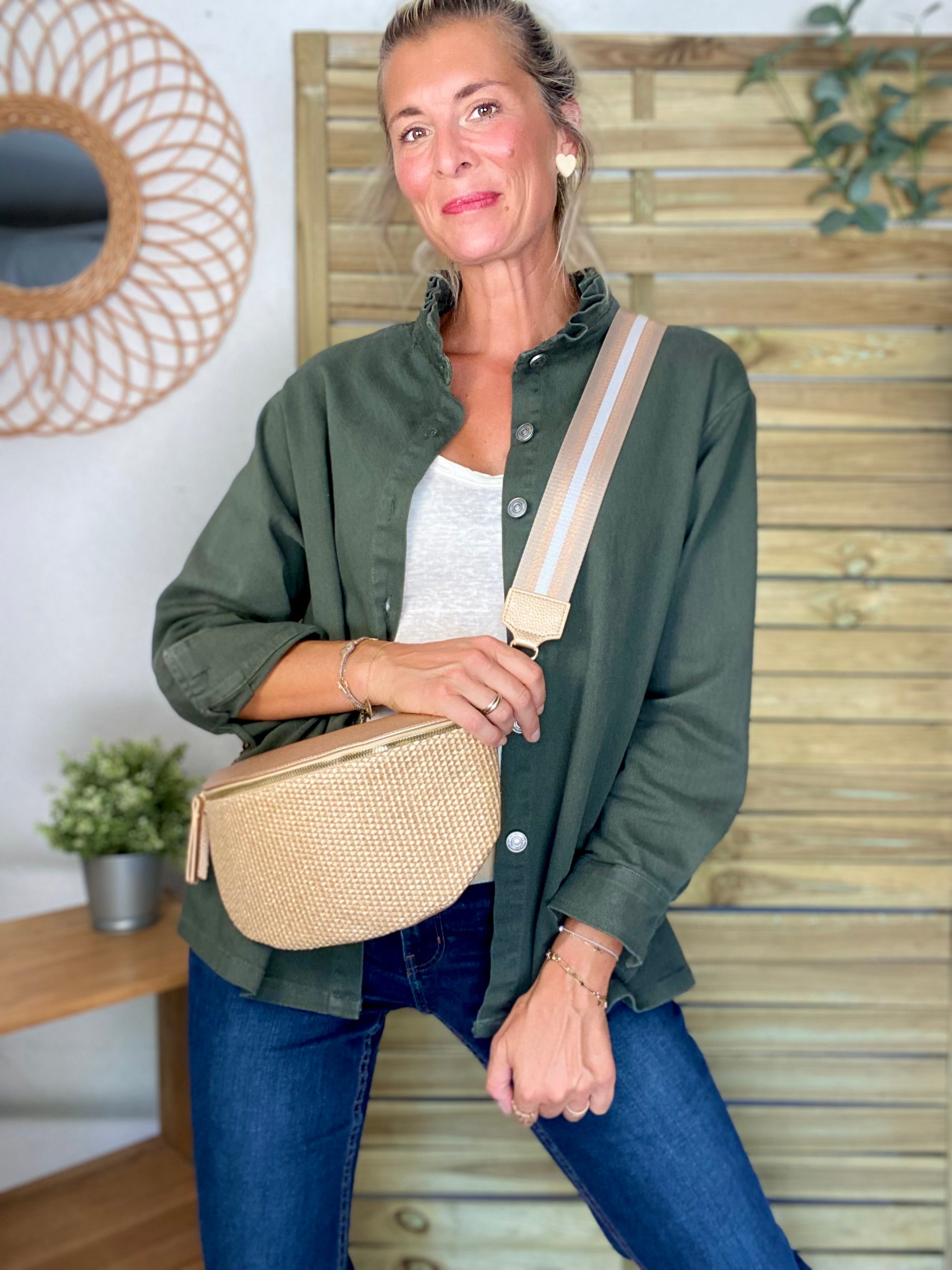 Veste / Chemise en coton, col volanté Kaki LISON
