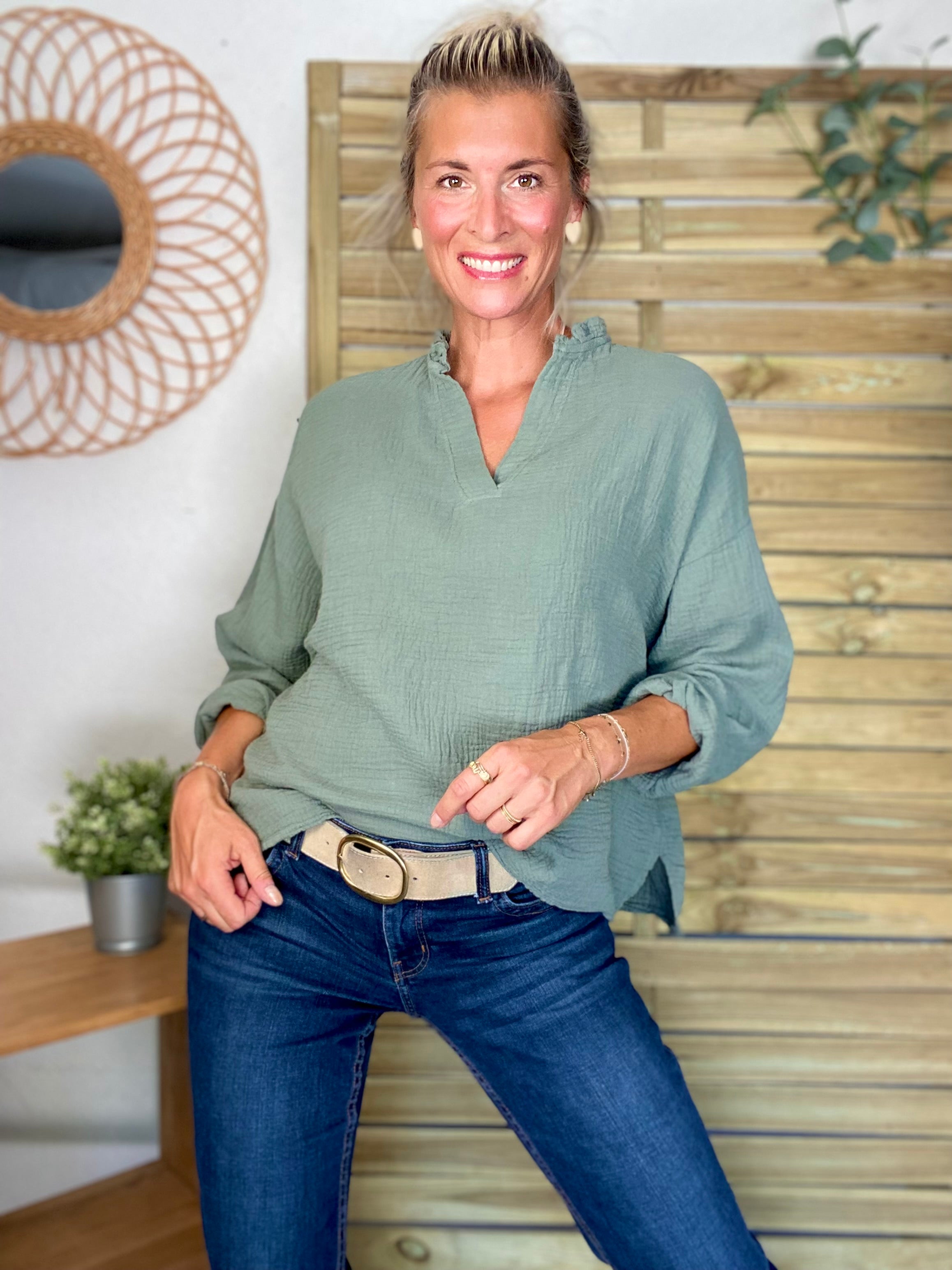 Blouse en gaze de coton SIERRA Kaki - manches longues
