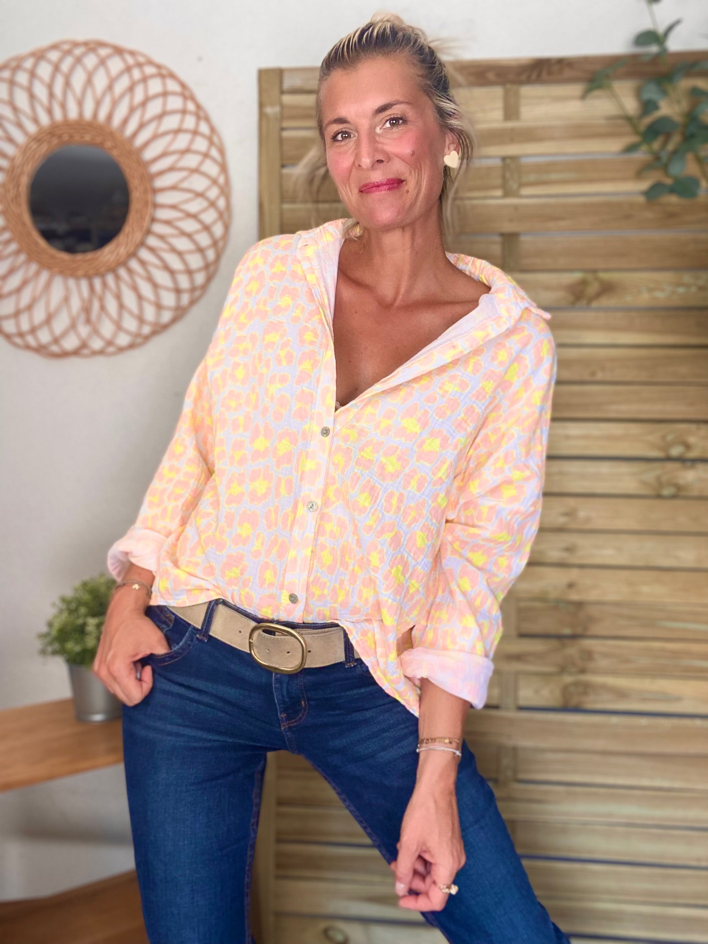 Chemise en gaze de coton imprimé Léo MARCIA - Orange