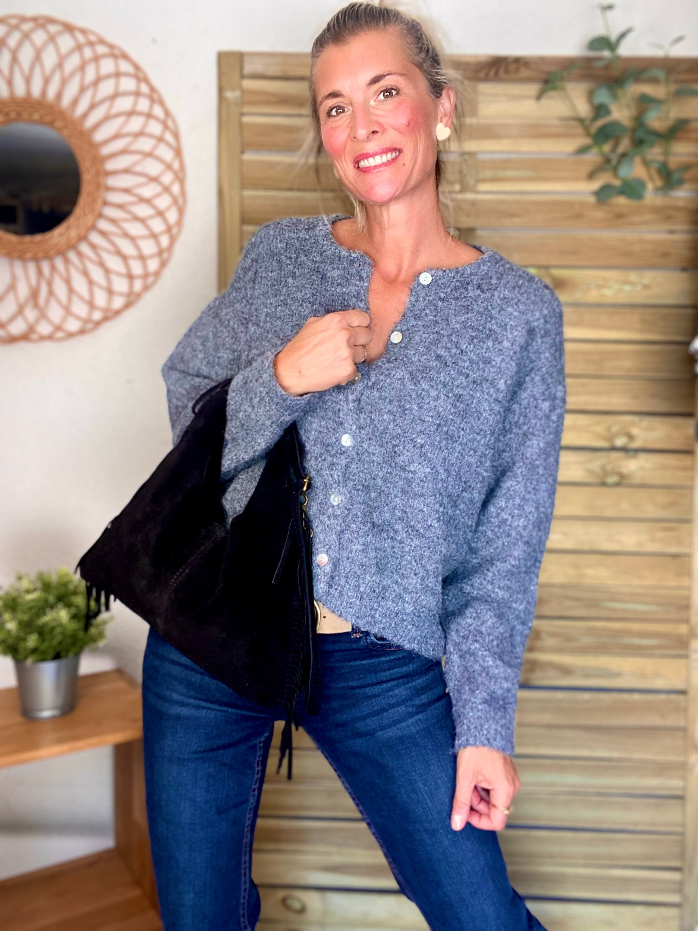 Sac en cuir daim avec franges AARON - Noir