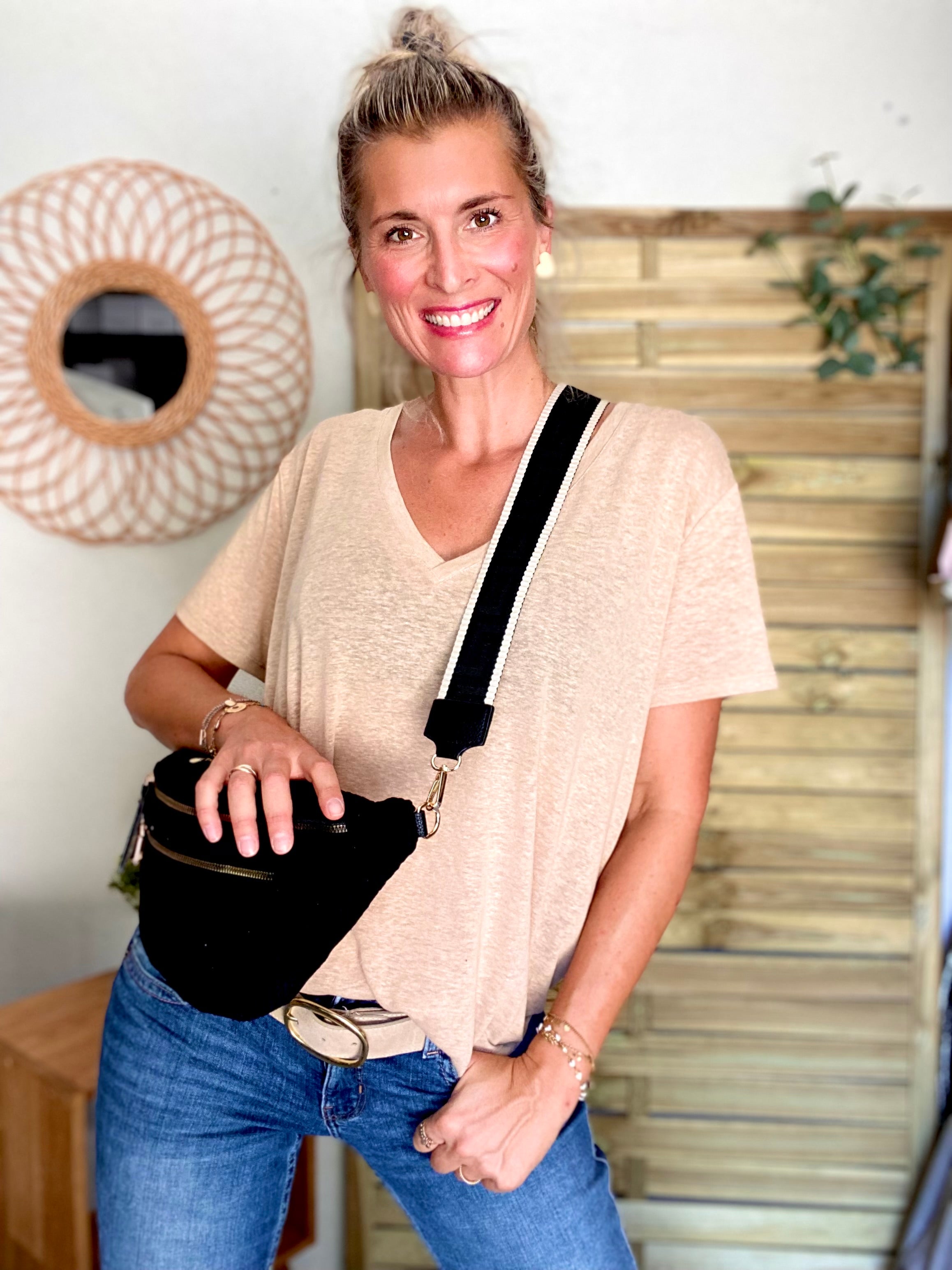 Sac banane XL en velours côtelé 2 zips et sangle fantaisie - WENDY - Noir