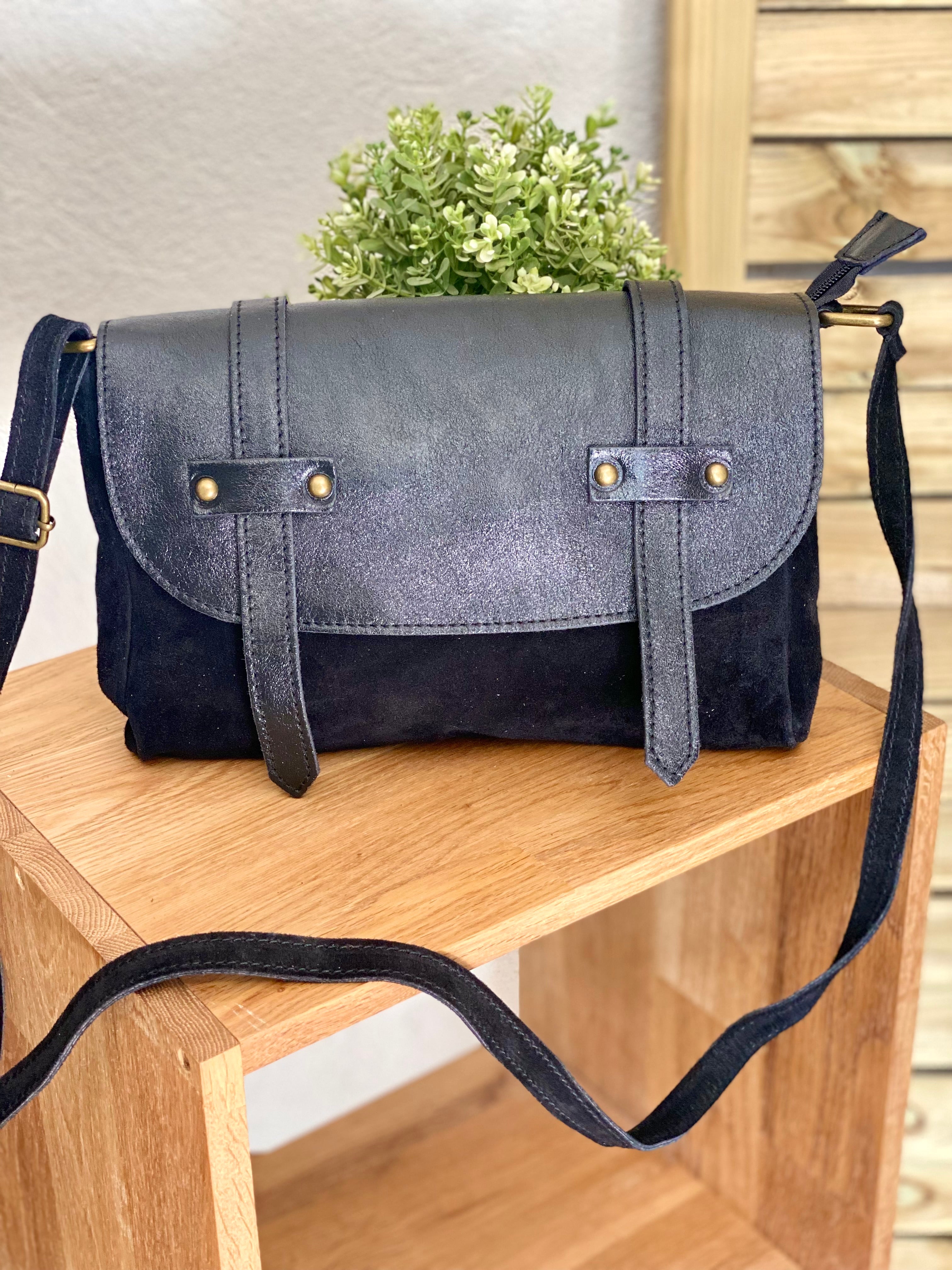 Sac bandoulière en cuir daim et irisé ESMÉE - Full Noir
