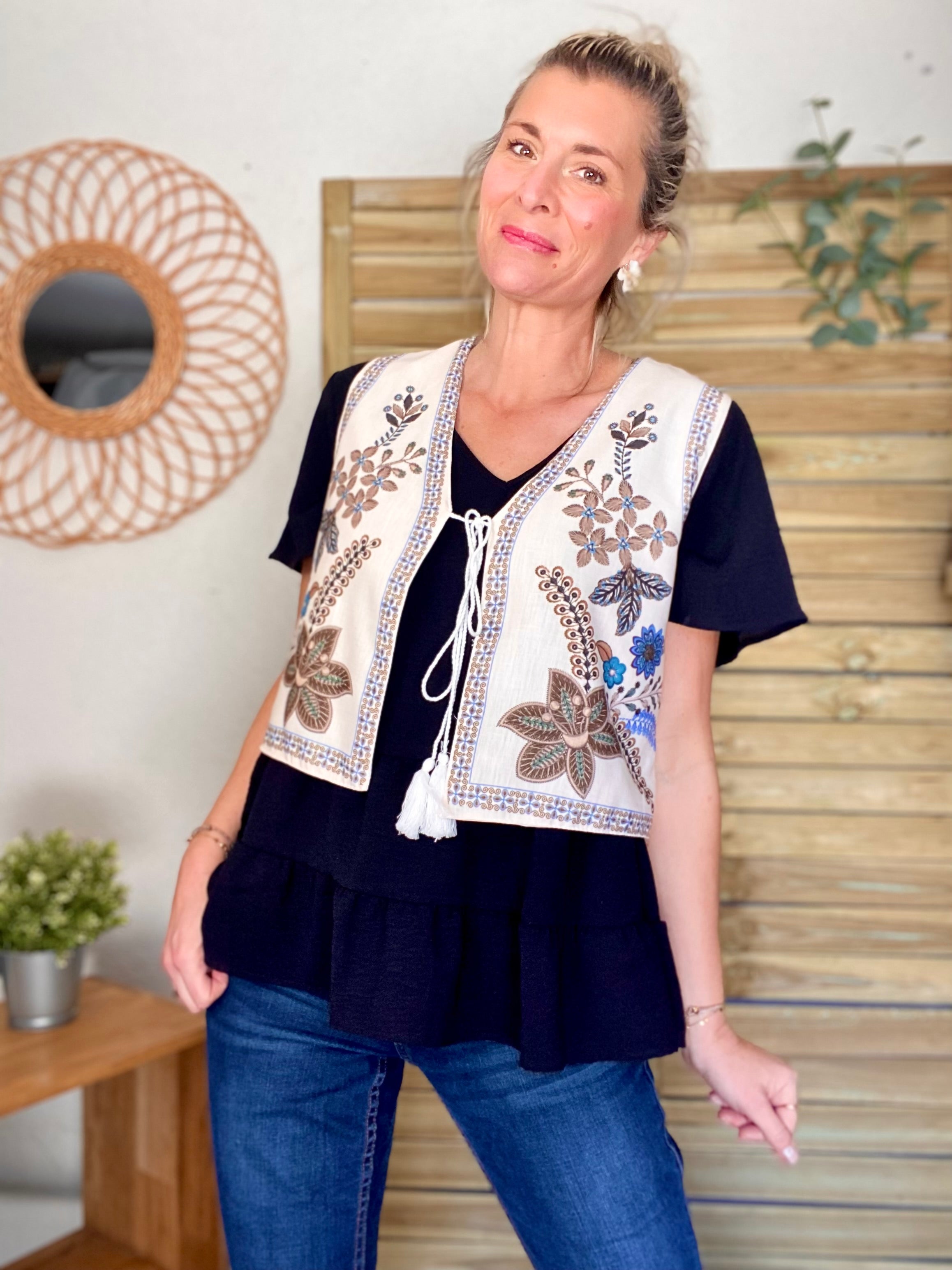 Gilet boléro fleuri Camel bleu MAXINE