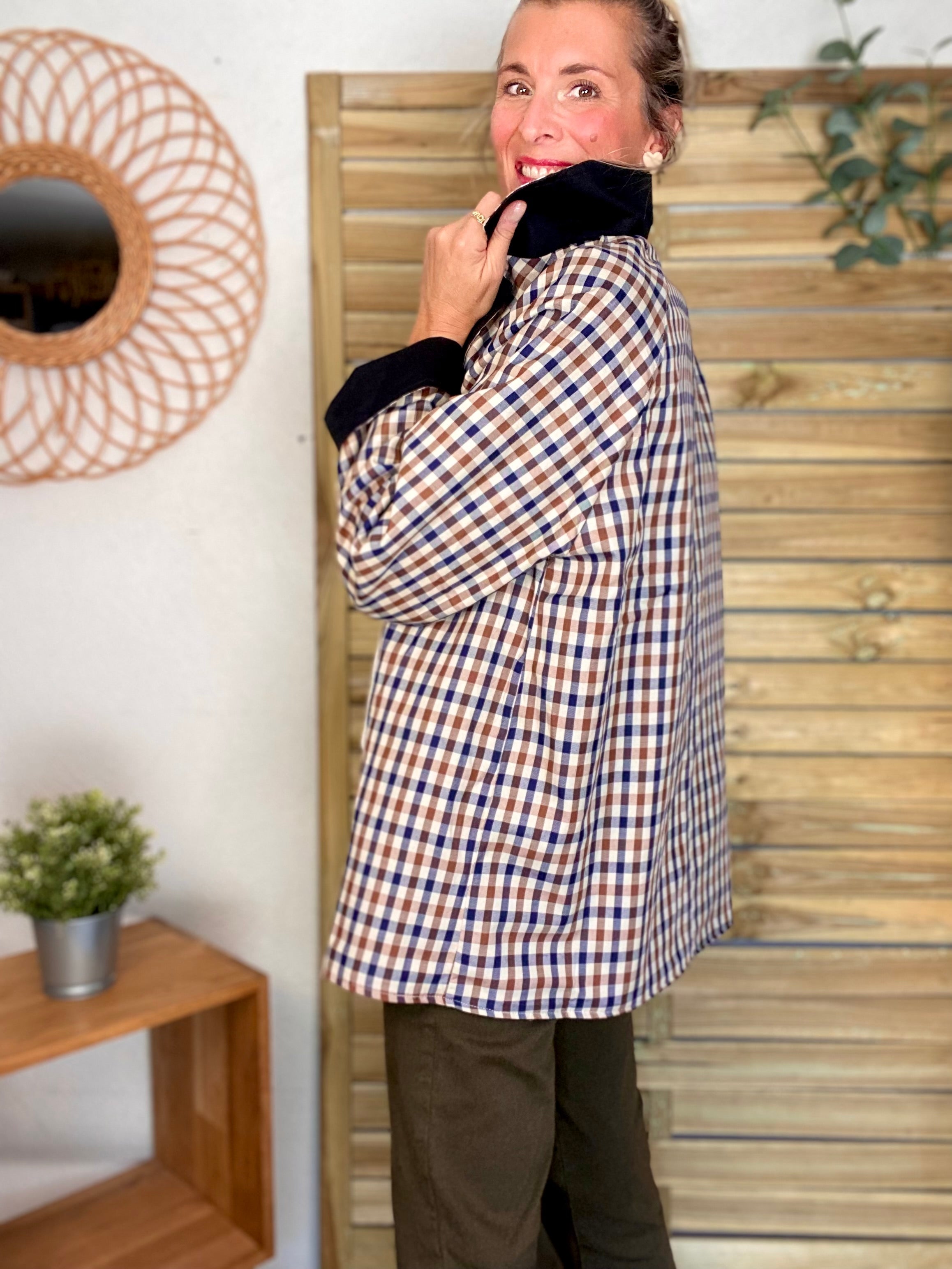Veste Trench mi long réversible vichy LENA - Noir