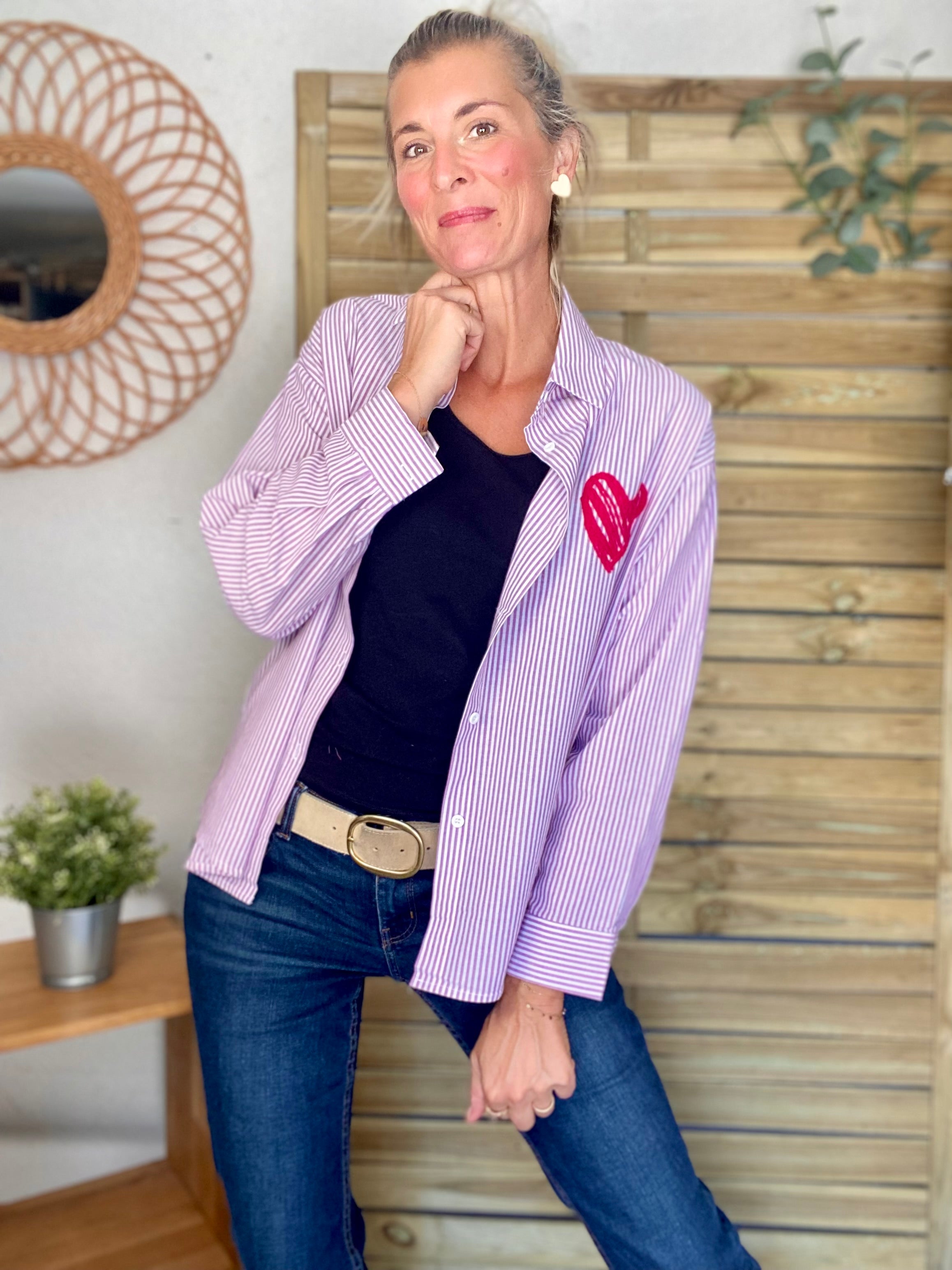 Chemise rayée brodée LOVE multico LANA - Rose cerise