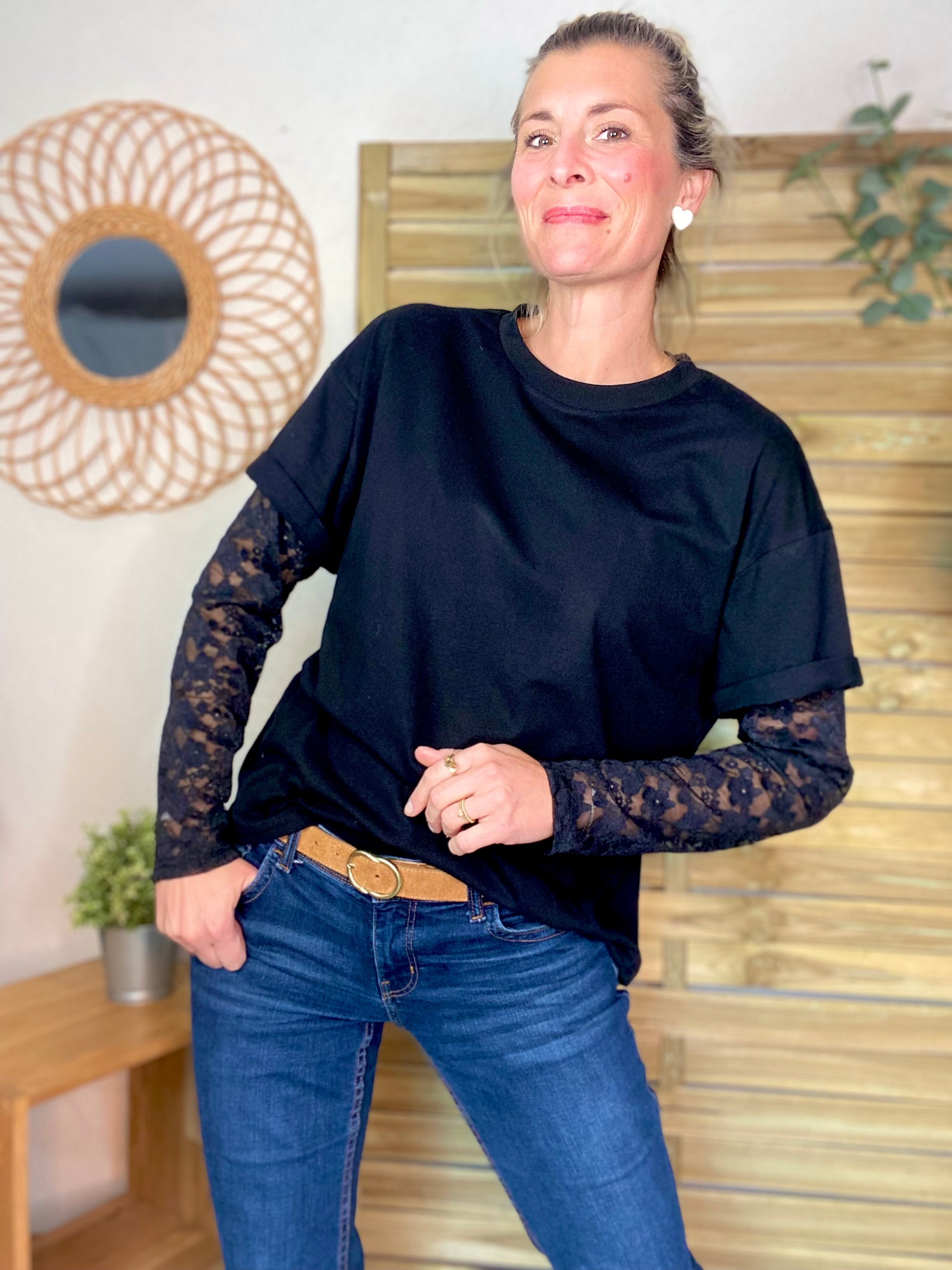 Tee shirt avec manches longues dentelle PAMELA - Noir