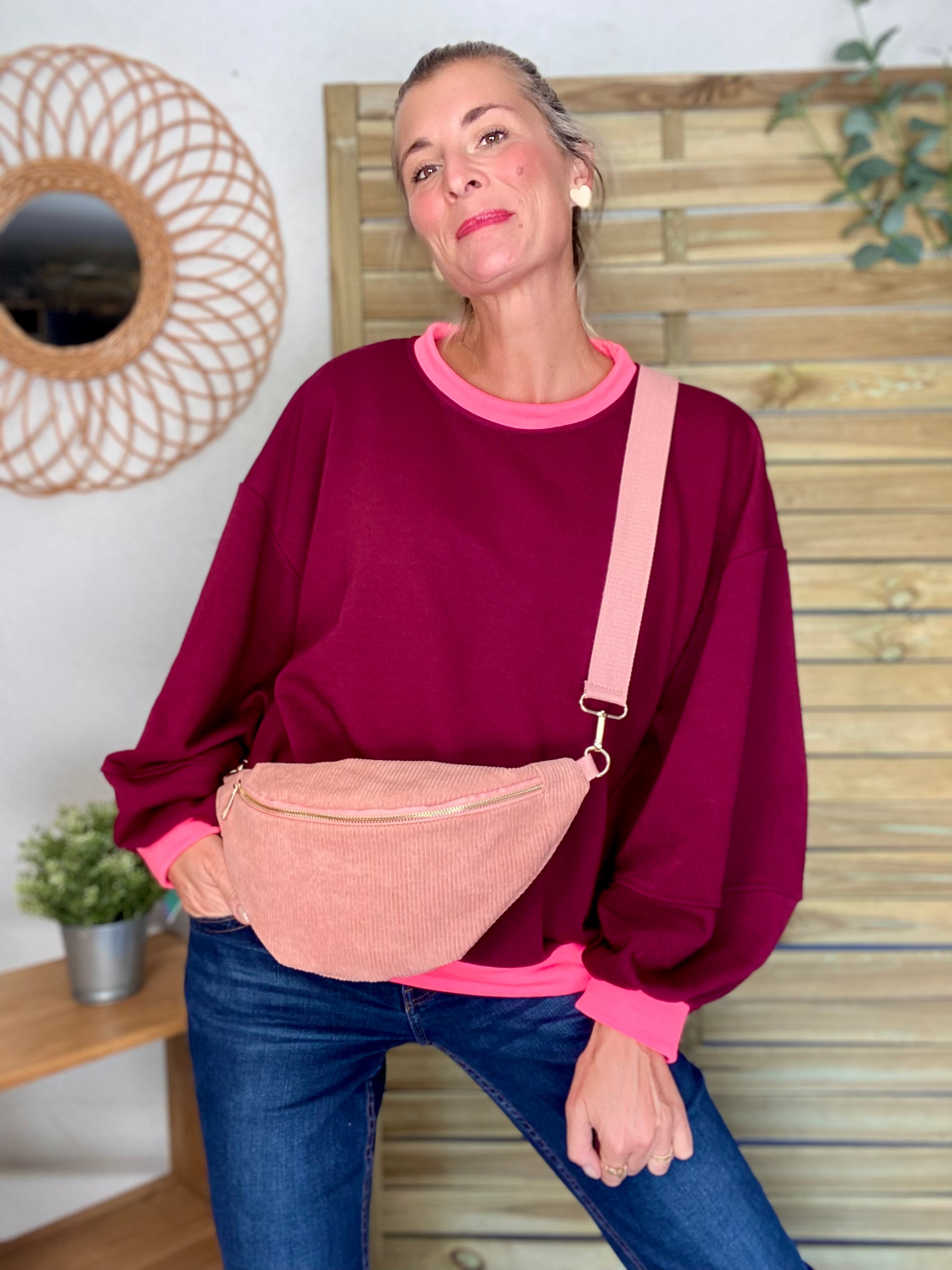 Sweat oversize uni Bordeaux/Rose fluo ISALINE