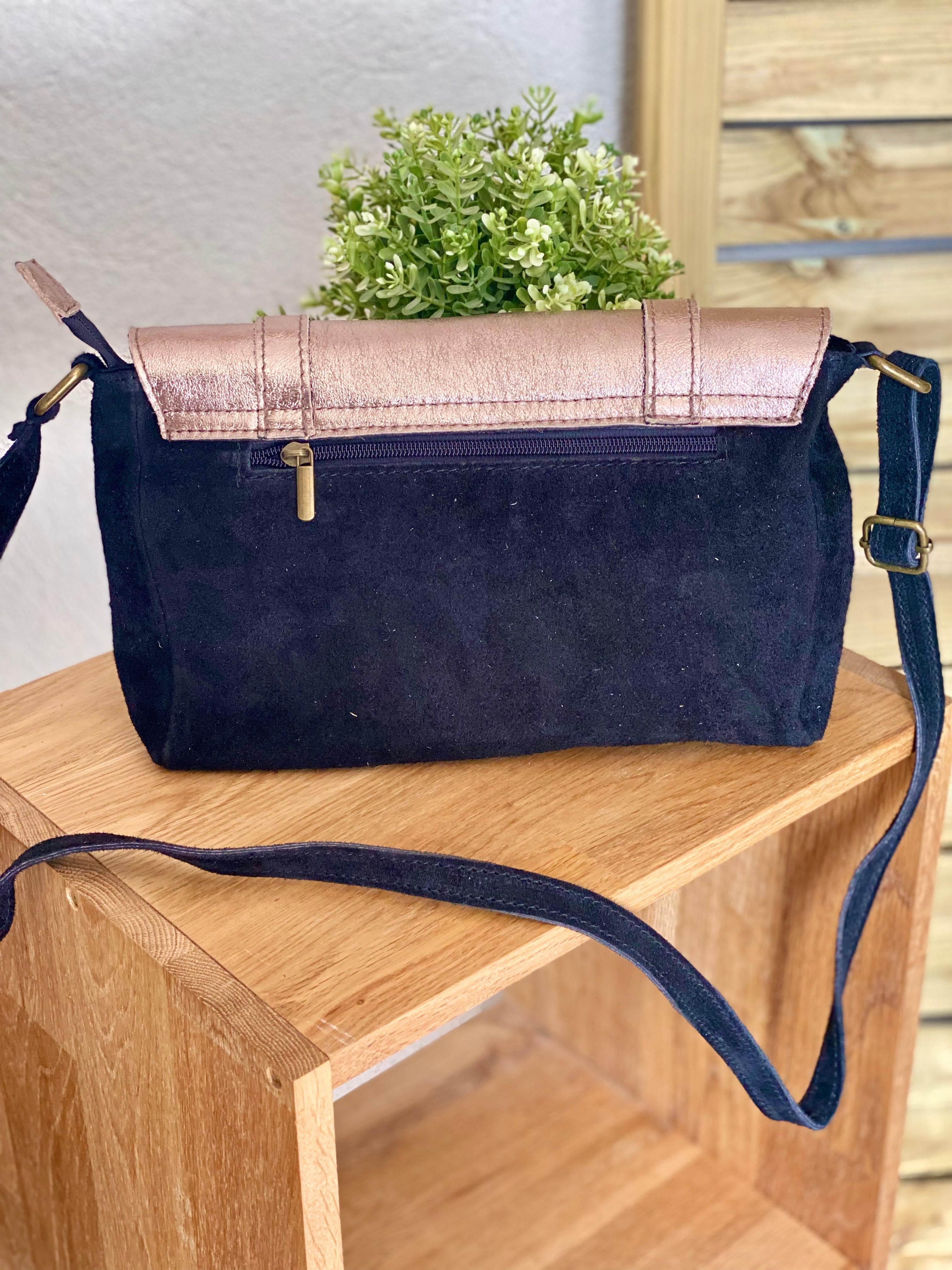 Sac bandoulière en cuir daim et irisé ESMÉE - Noir Bronze