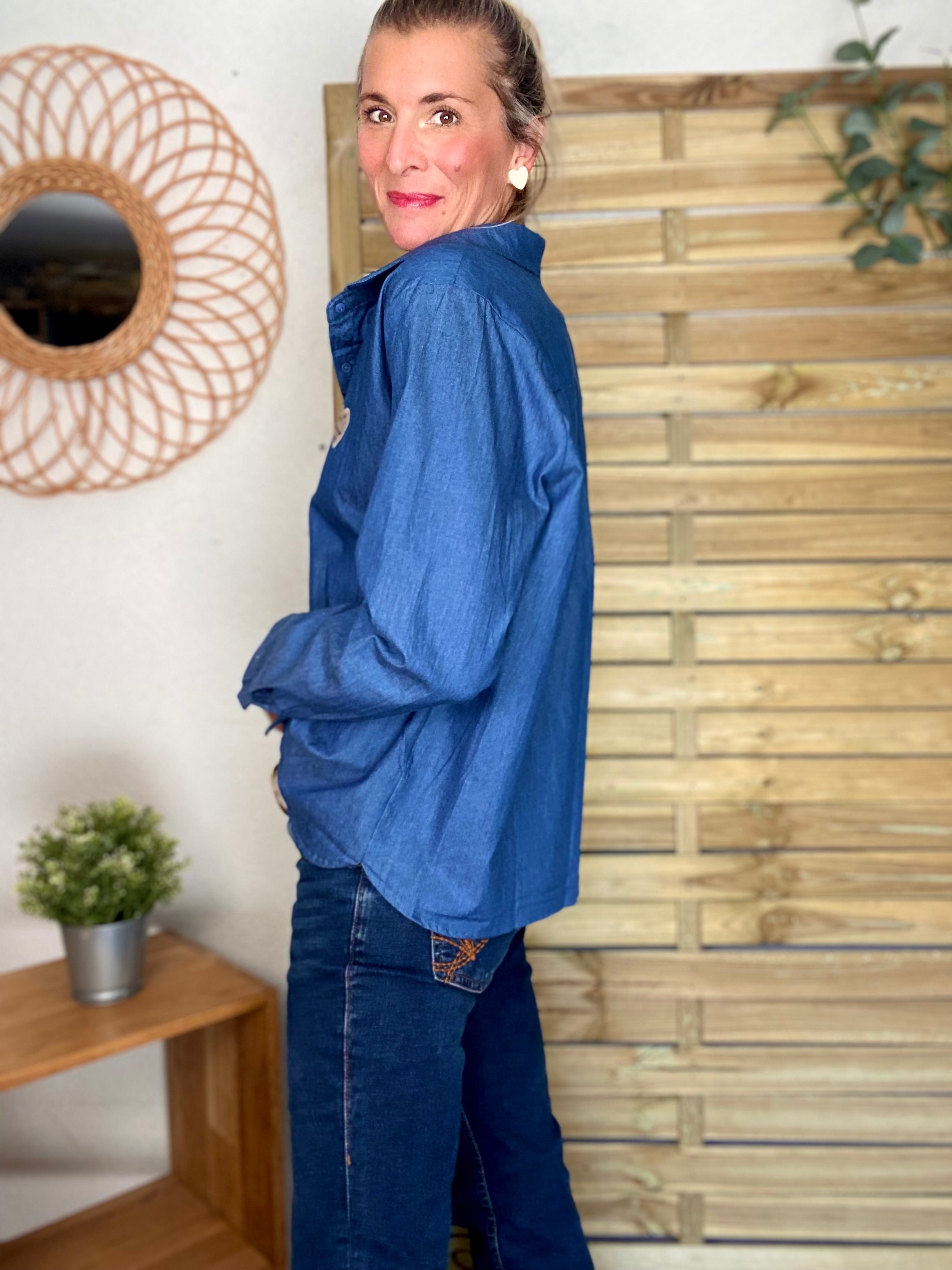 Chemise en coton brodé coeur Léo 🐆 LISE - Bleu jean