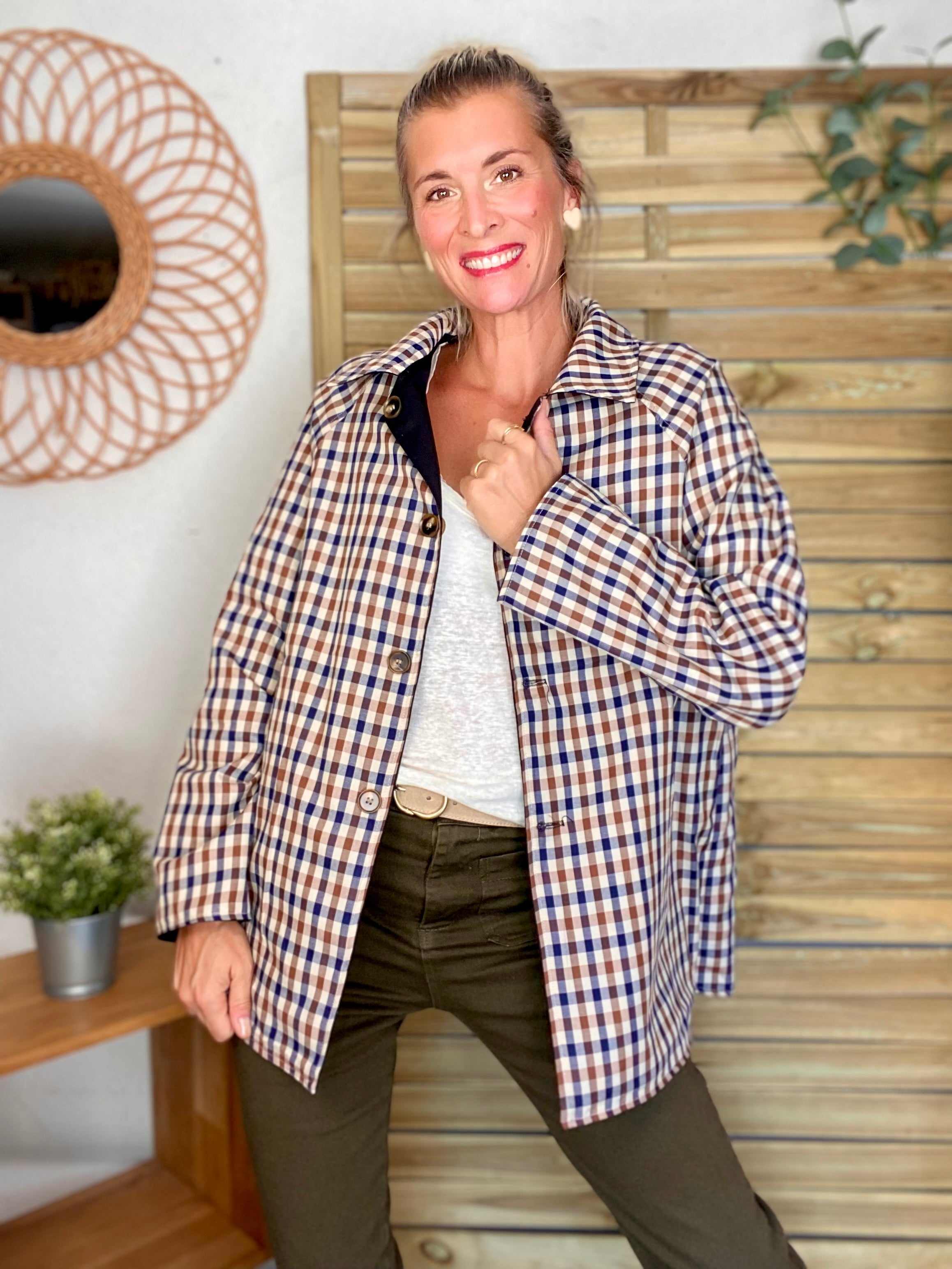 Veste Trench mi long réversible vichy LENA - Noir