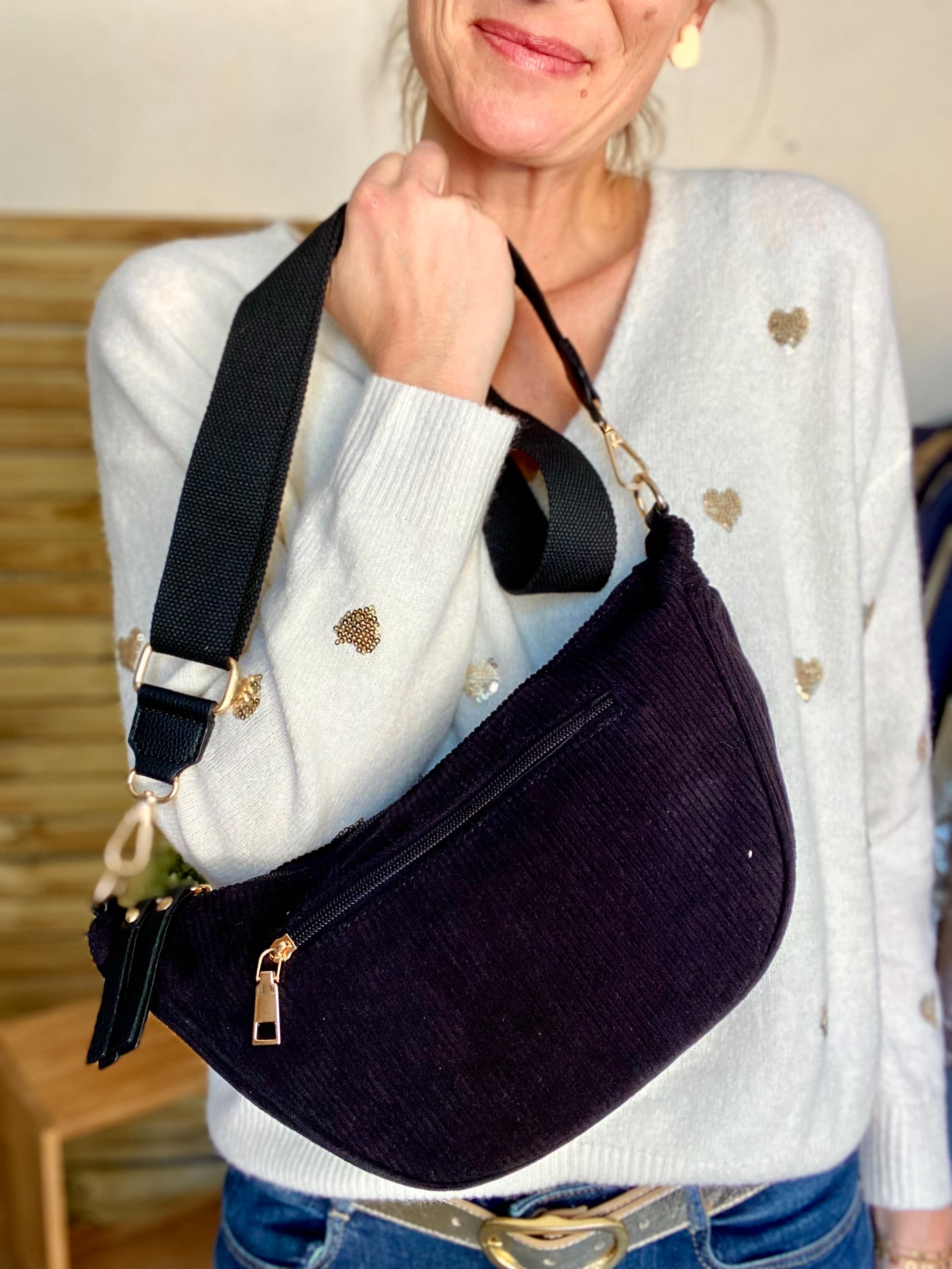 Sac besace demi-lune XL velours côtelé - AMY - Noir