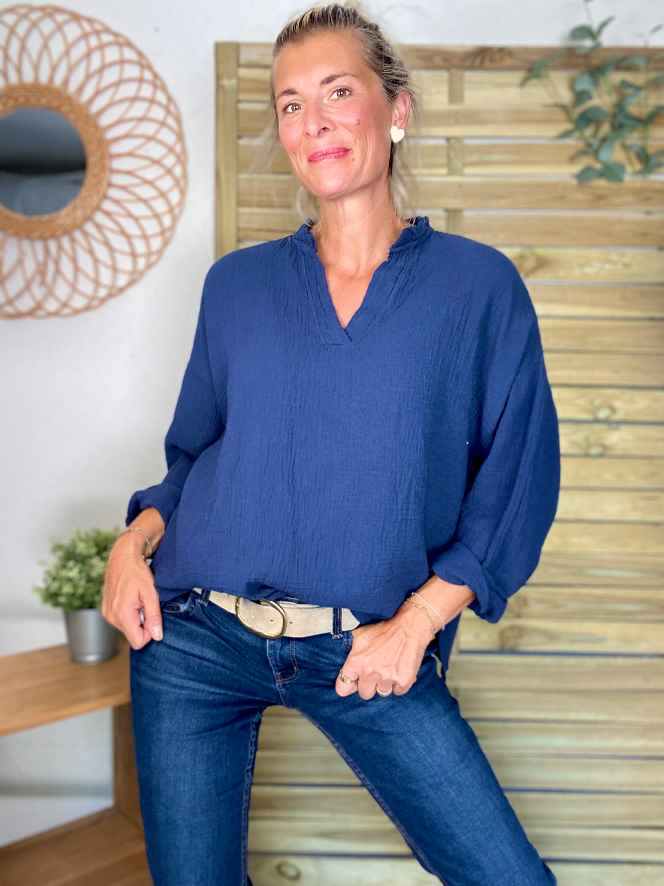 Blouse en gaze de coton SIERRA Bleu marine - manches longues