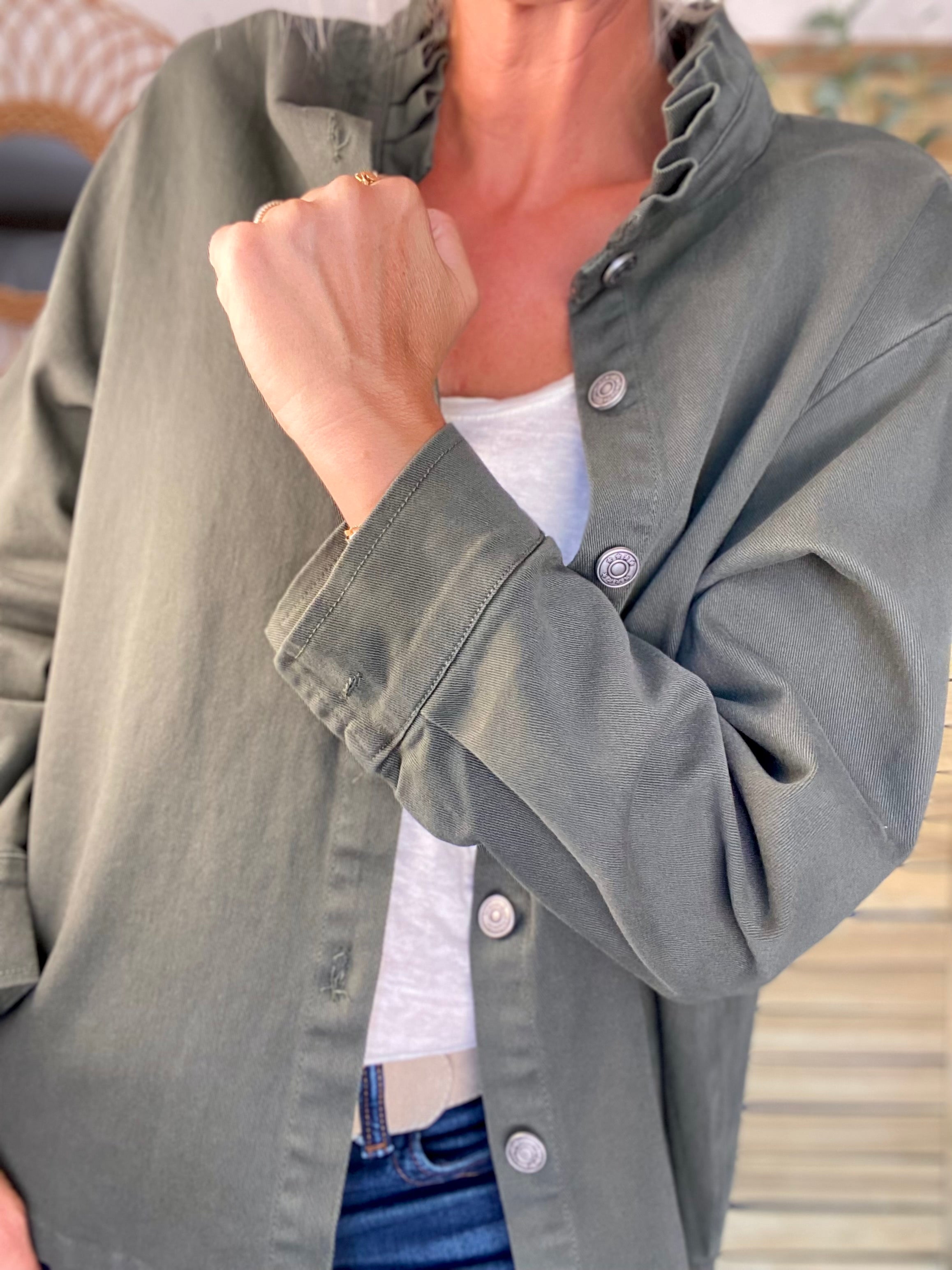 Veste / Chemise en coton, col volanté Kaki LISON