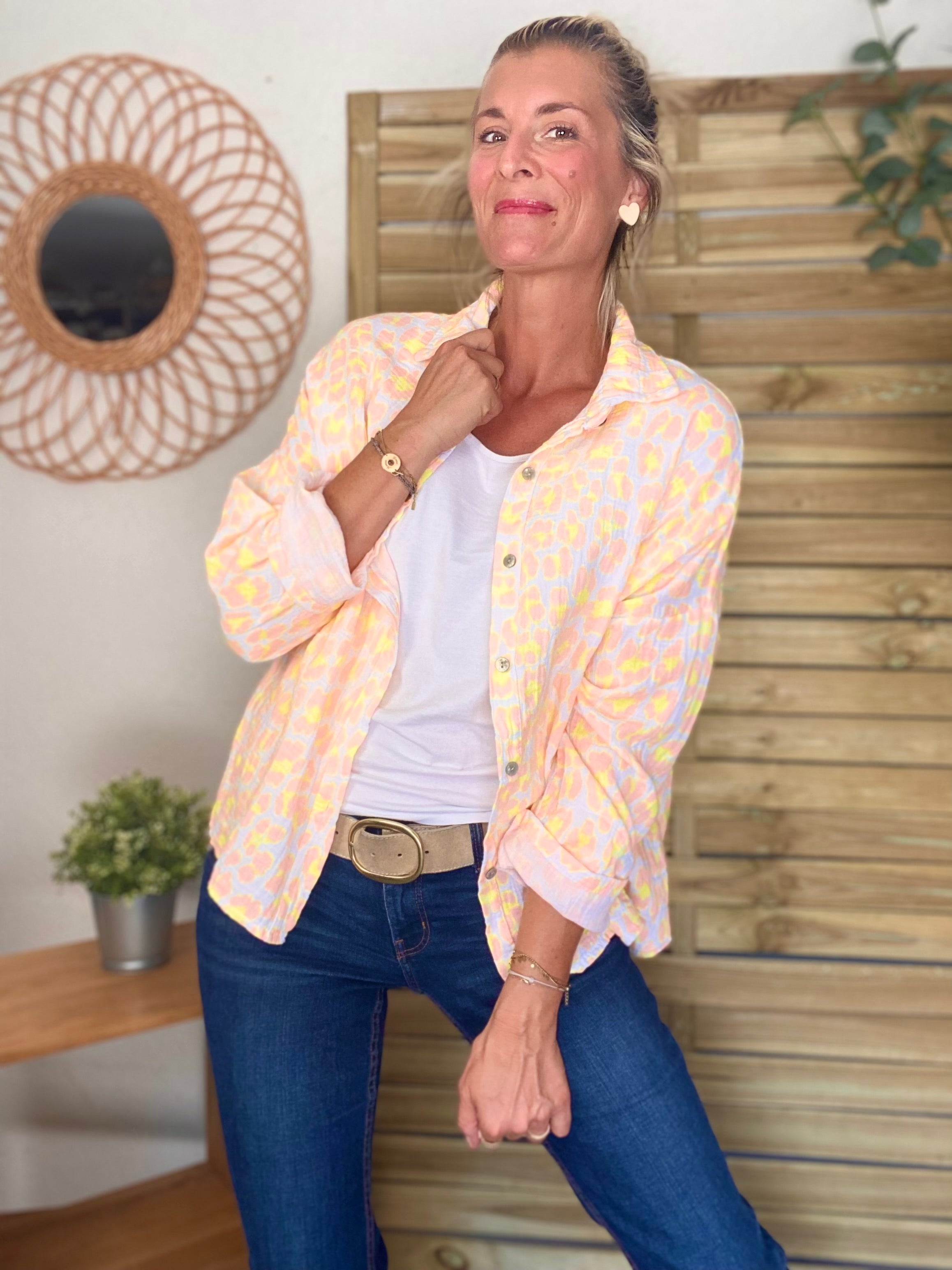 Chemise en gaze de coton imprimé Léo MARCIA - Orange