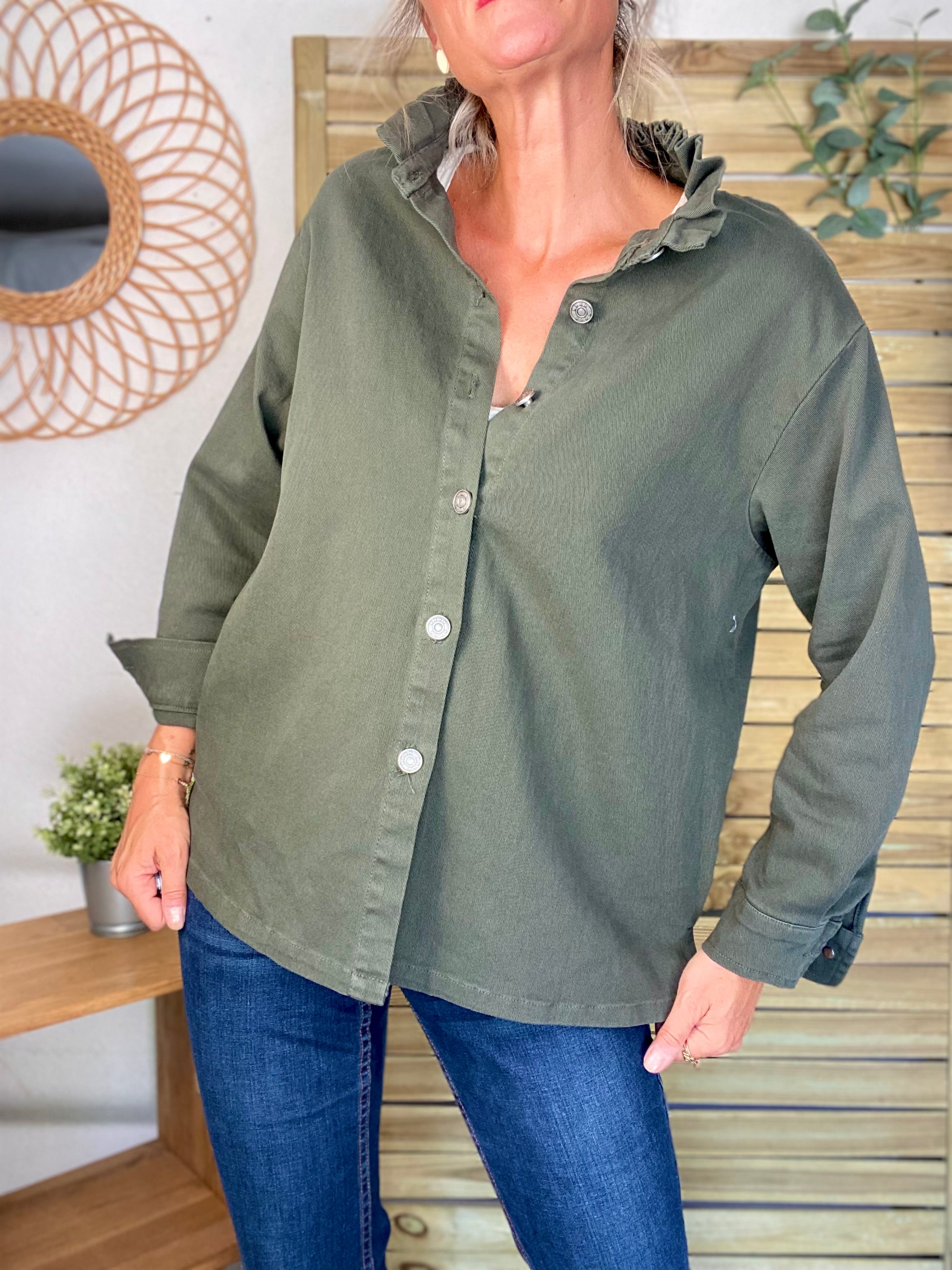 Veste / Chemise en coton, col volanté Kaki LISON