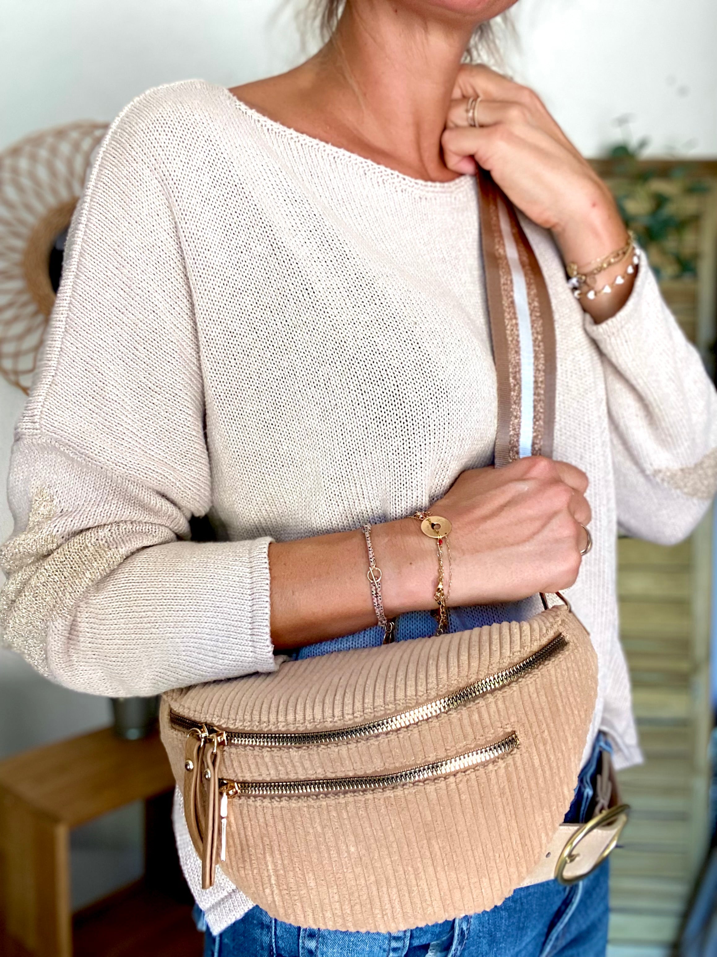 Sac banane en velours côtelé 2 zips et sangle fantaisie - CHARLY - Camel clair (côtelé large)