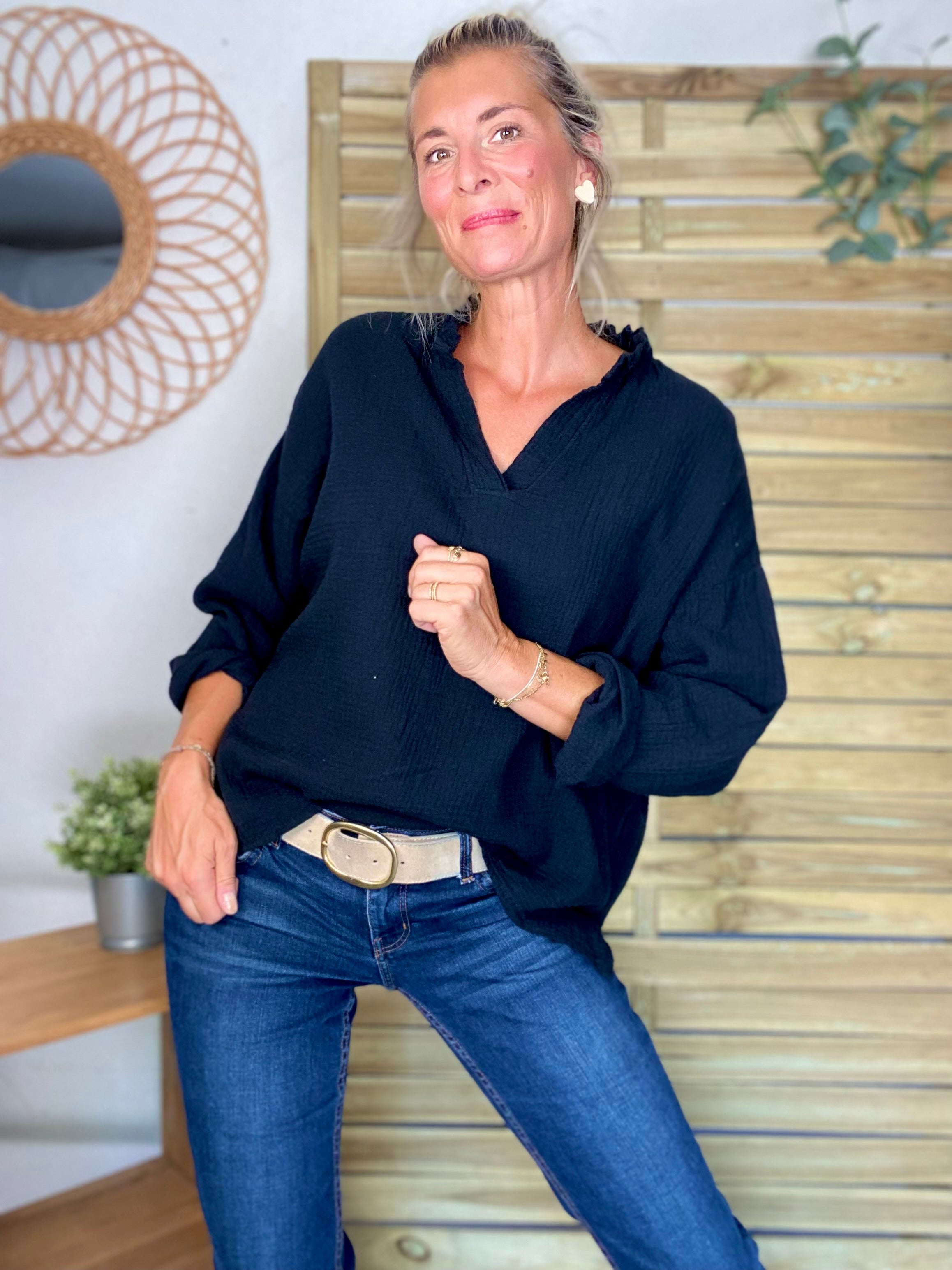 Blouse en gaze de coton SIERRA Noire - manches longues