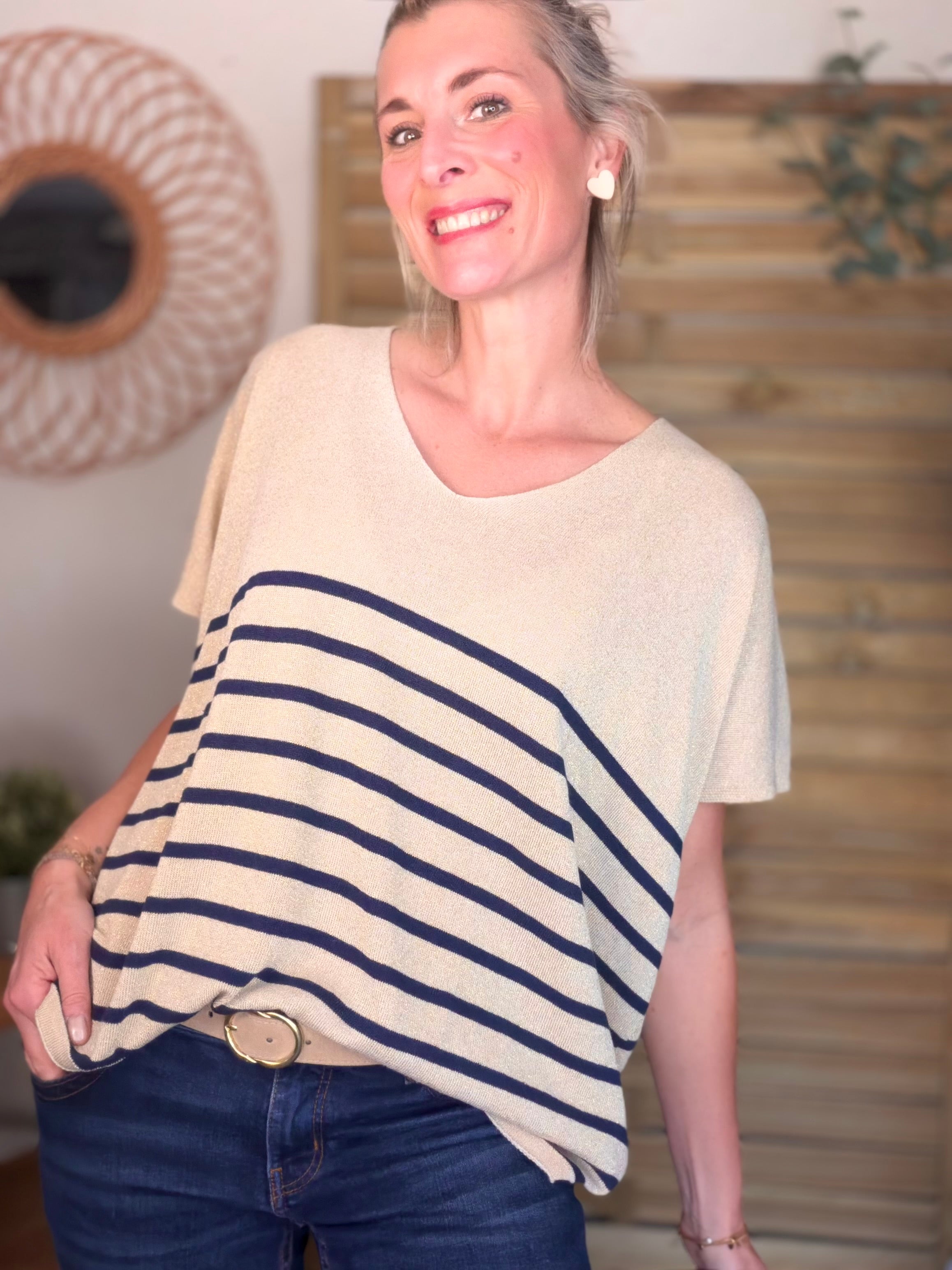 Top maille lurex col V IRINA Bleu marine