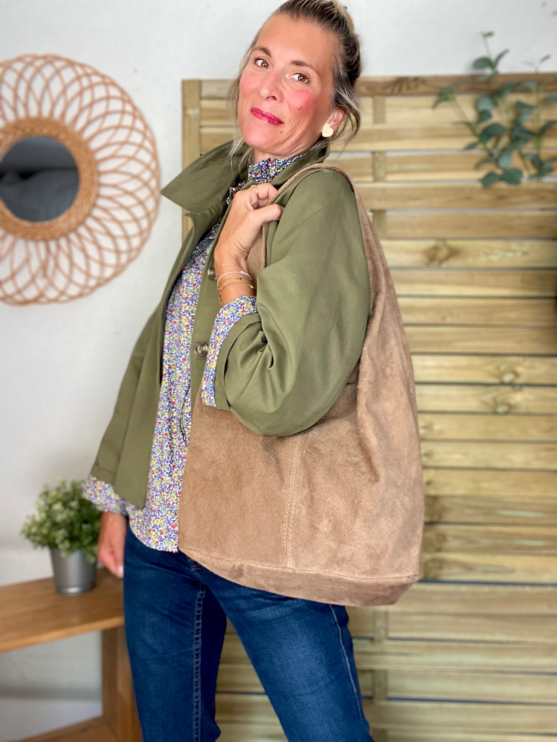 Sac cabas cuir daim MARLON - Beige taupe