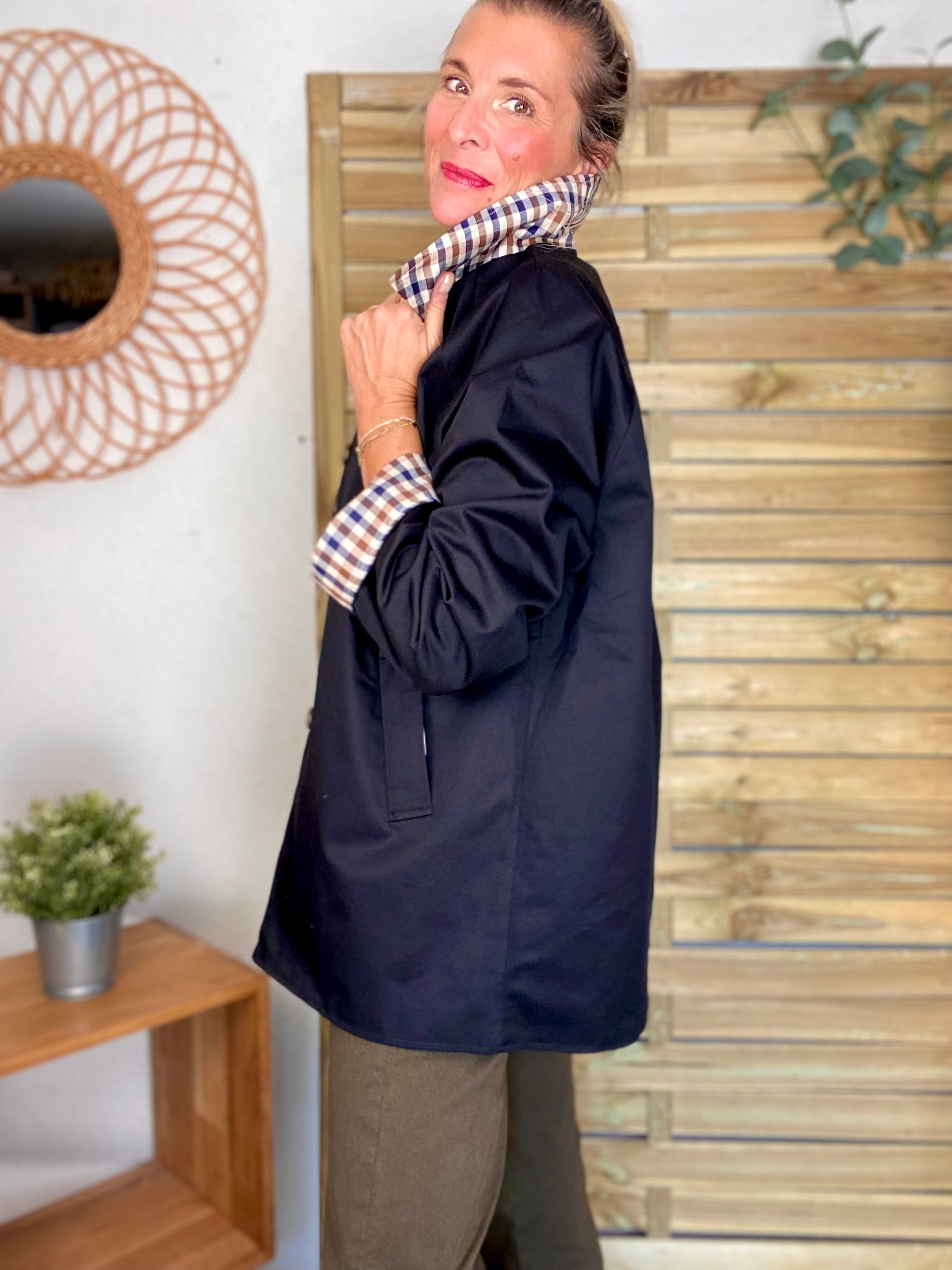 Veste Trench mi long réversible vichy LENA - Noir
