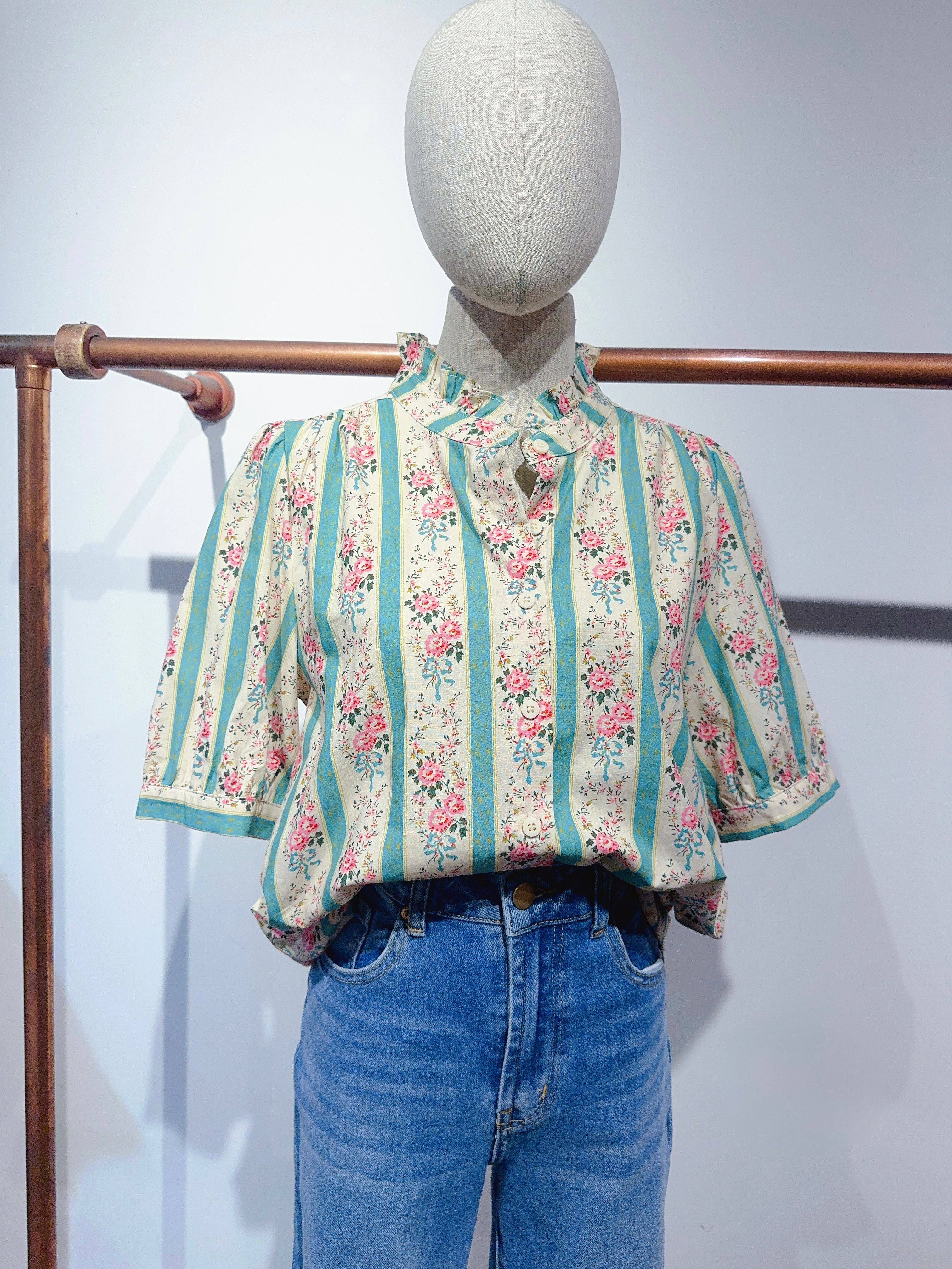 Blouse fleurie rayures VALENTINE vert céladon