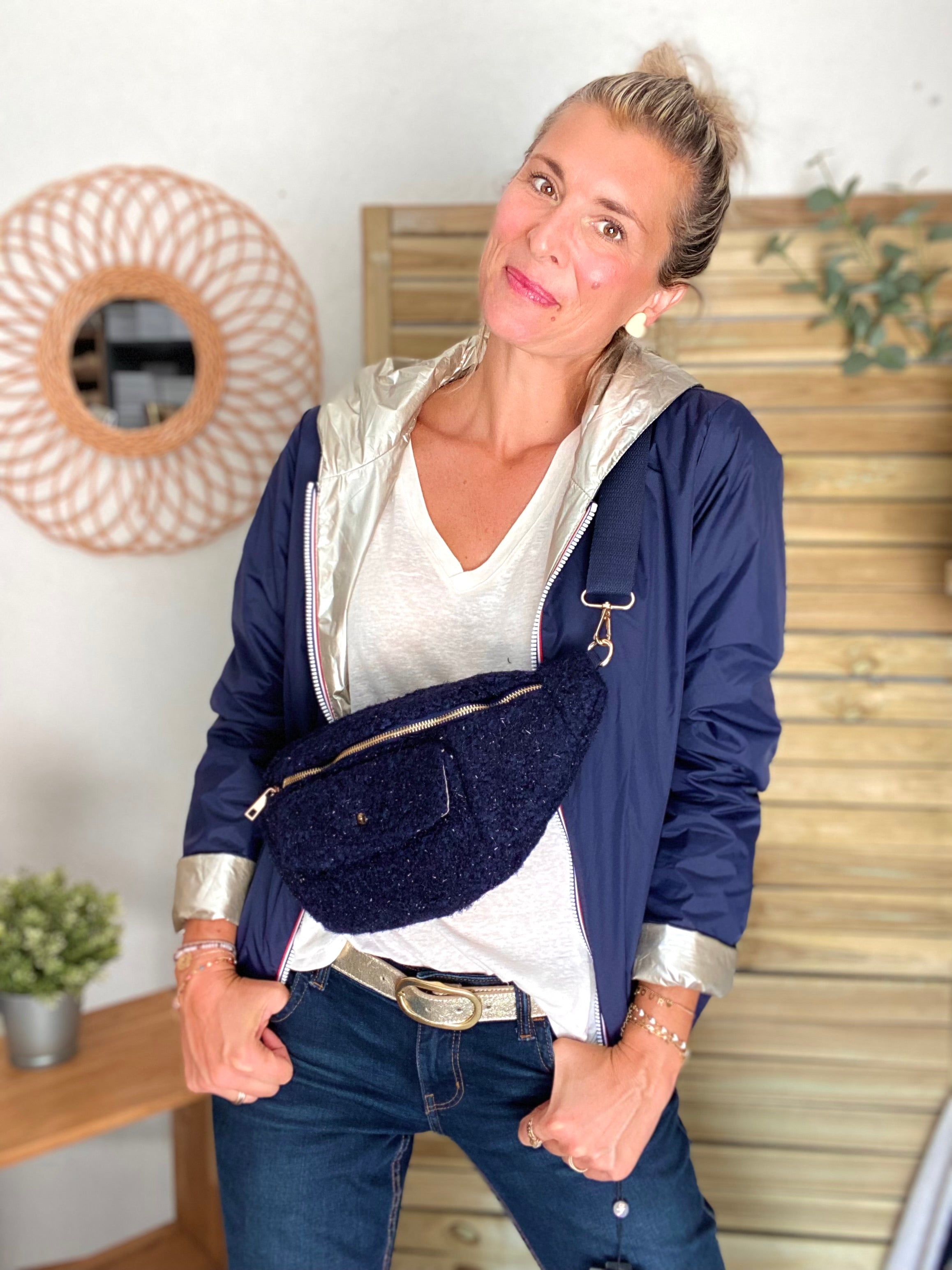 Sac banane XL moumoute lurex avec poche avant - CHELSEA - Marine