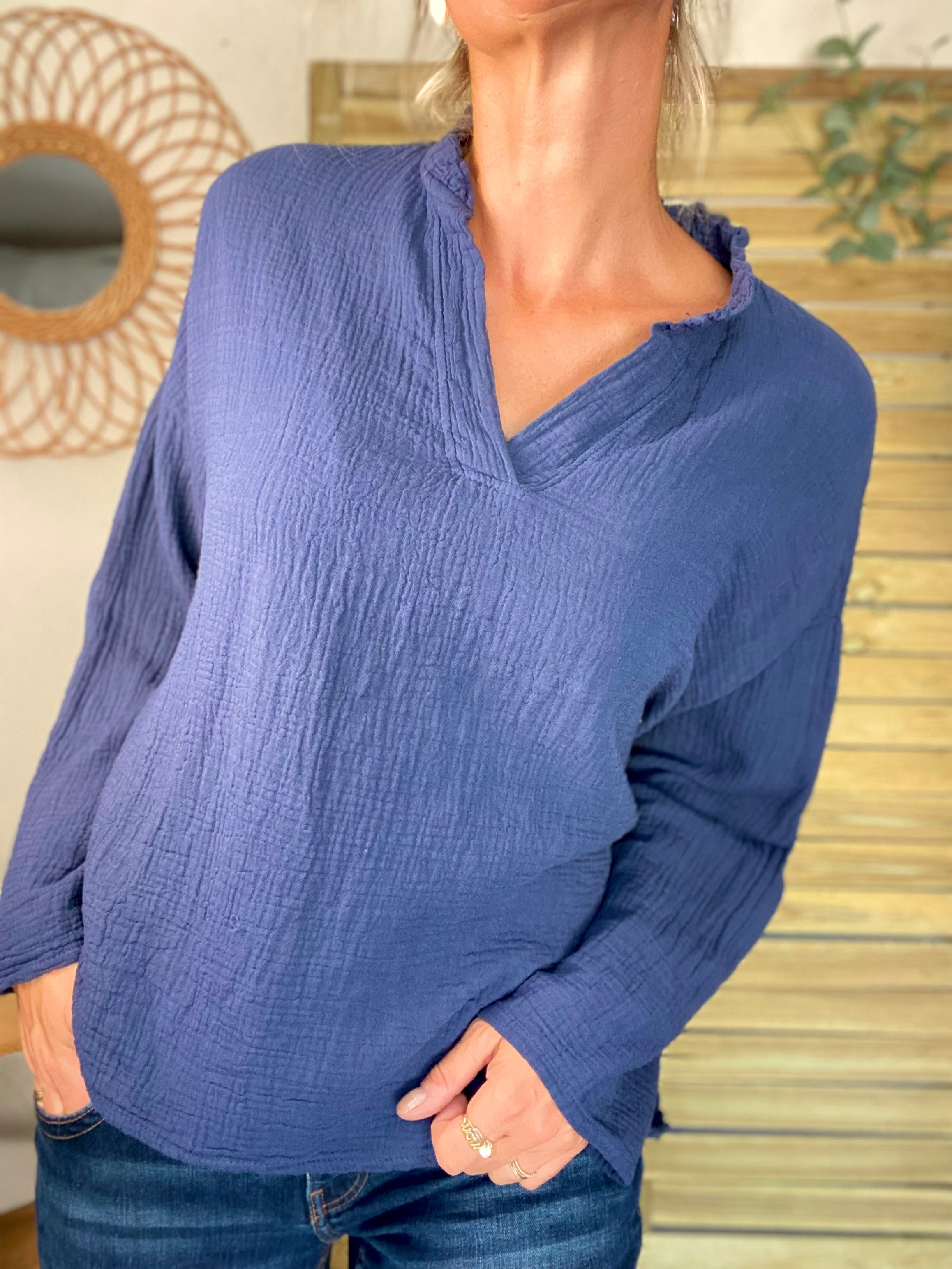 Blouse en gaze de coton SIERRA Bleu marine - manches longues