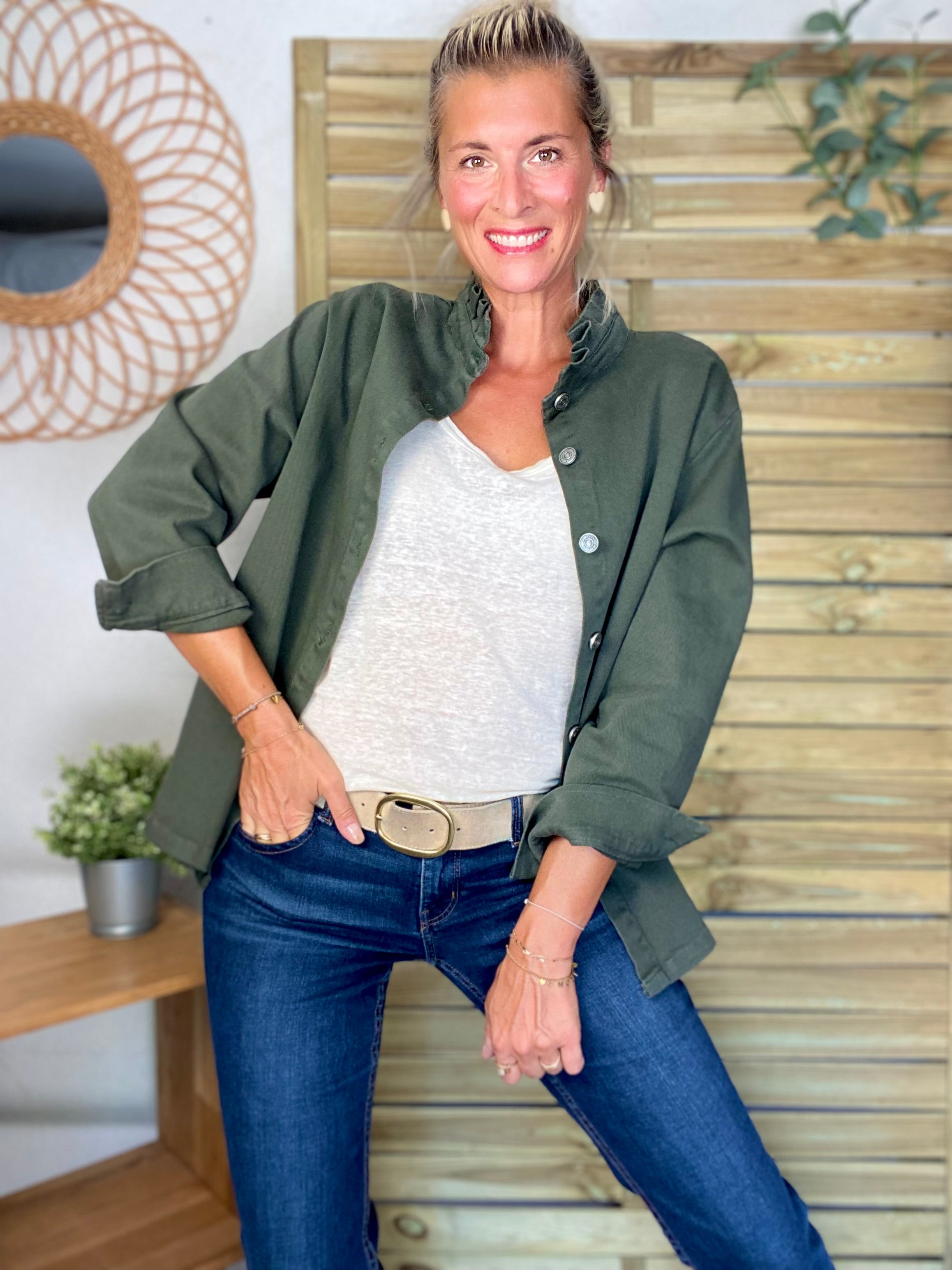 Veste / Chemise en coton, col volanté Kaki LISON