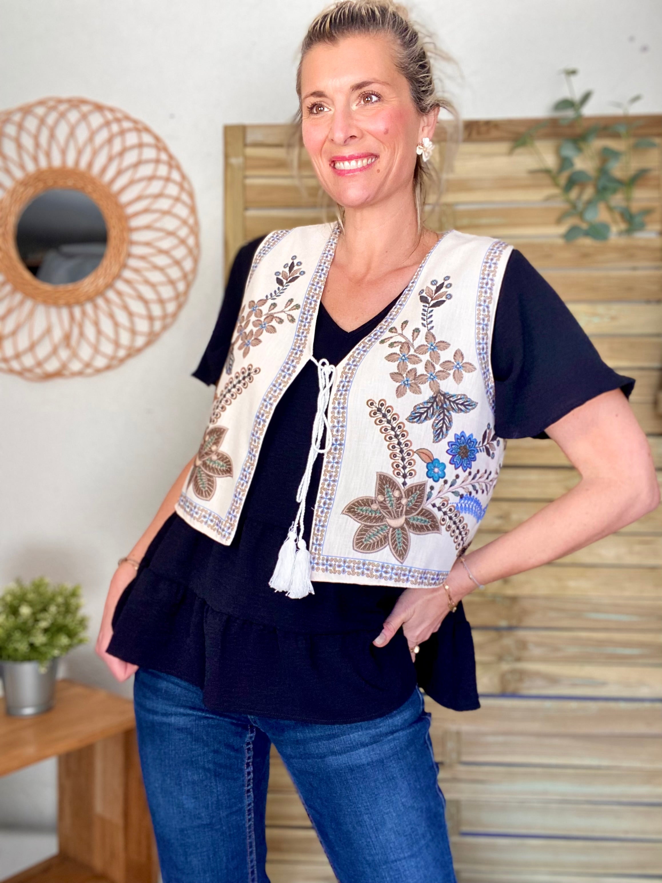 Gilet boléro fleuri Camel bleu MAXINE