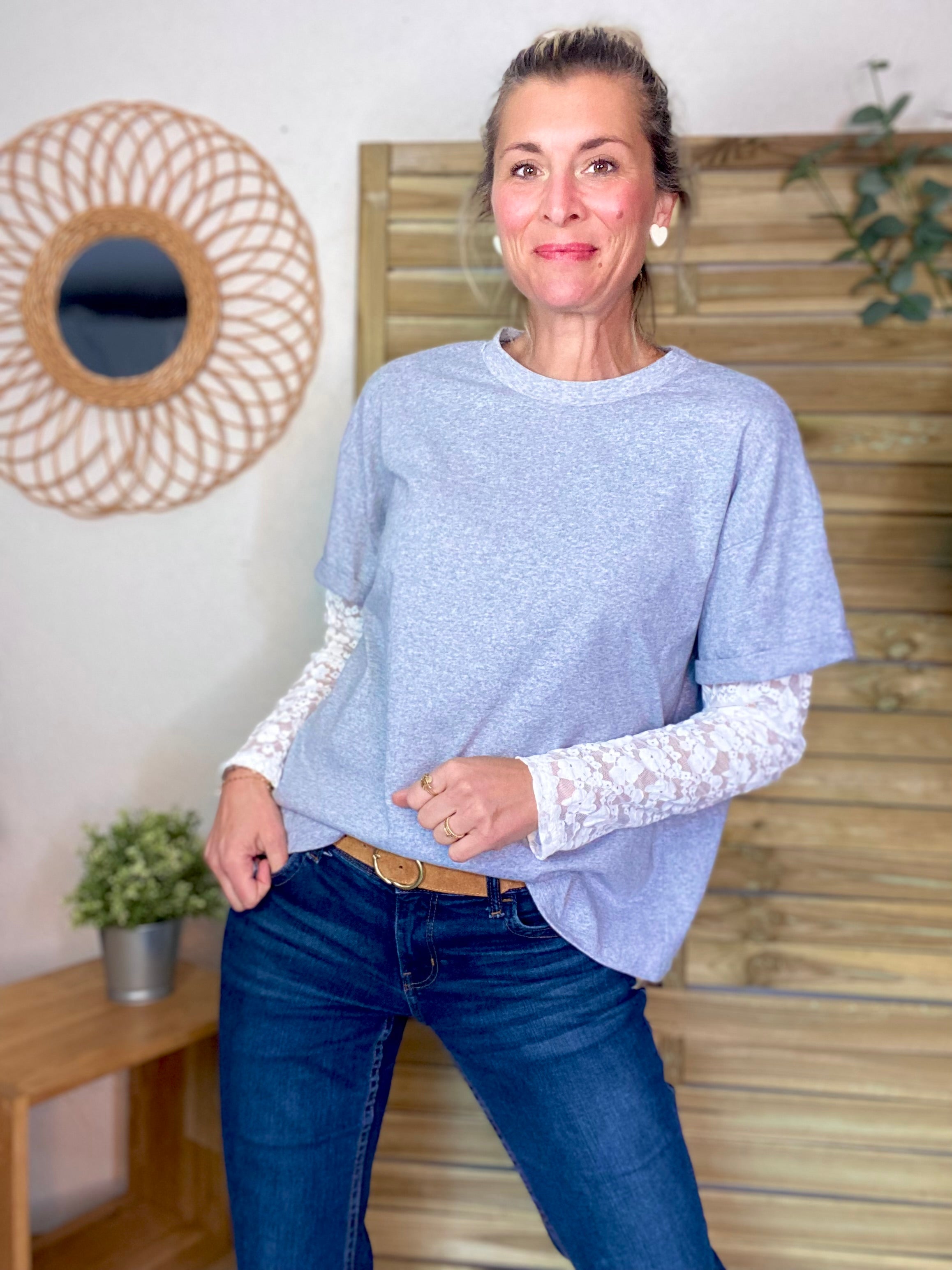 Tee shirt avec manches longues dentelle PAMELA - Gris