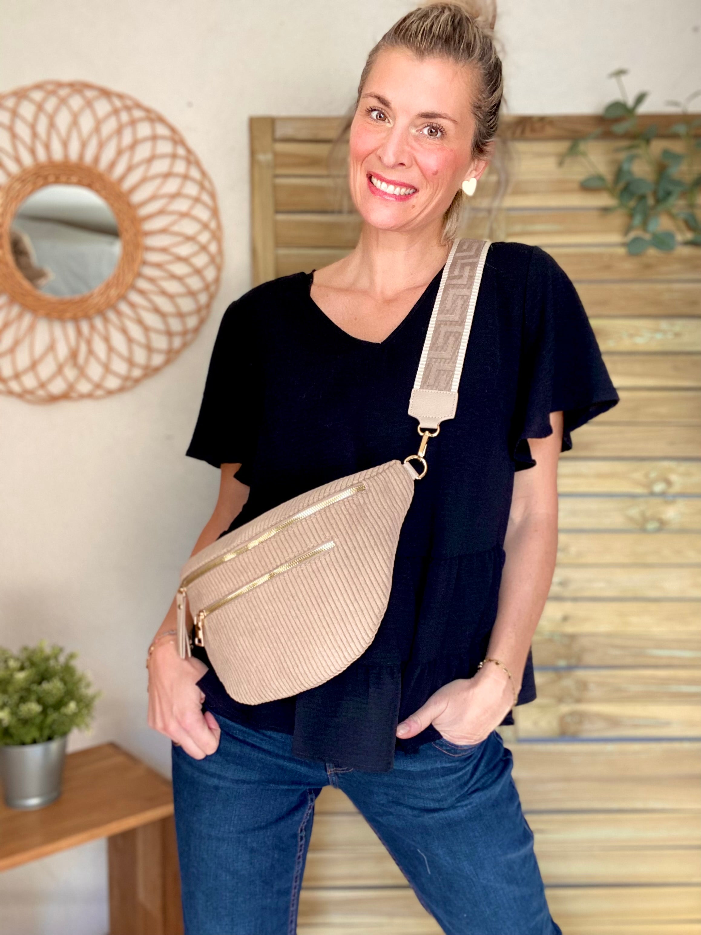 Sac banane XL en velours côtelé 2 zips et sangle fantaisie - WENDY - Taupe