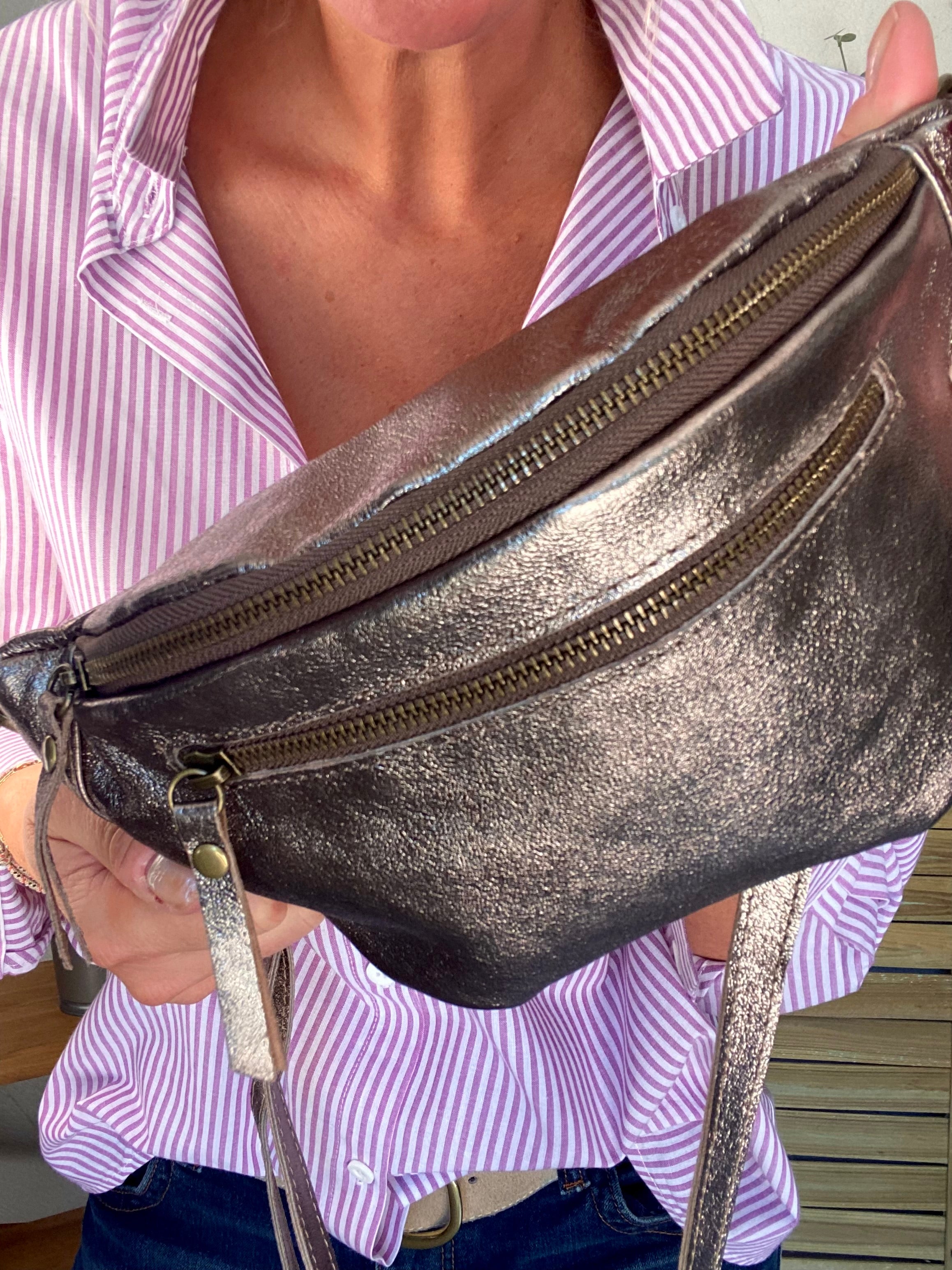 Sac banane en cuir irisé double poche - OPALE - Bronze / étain