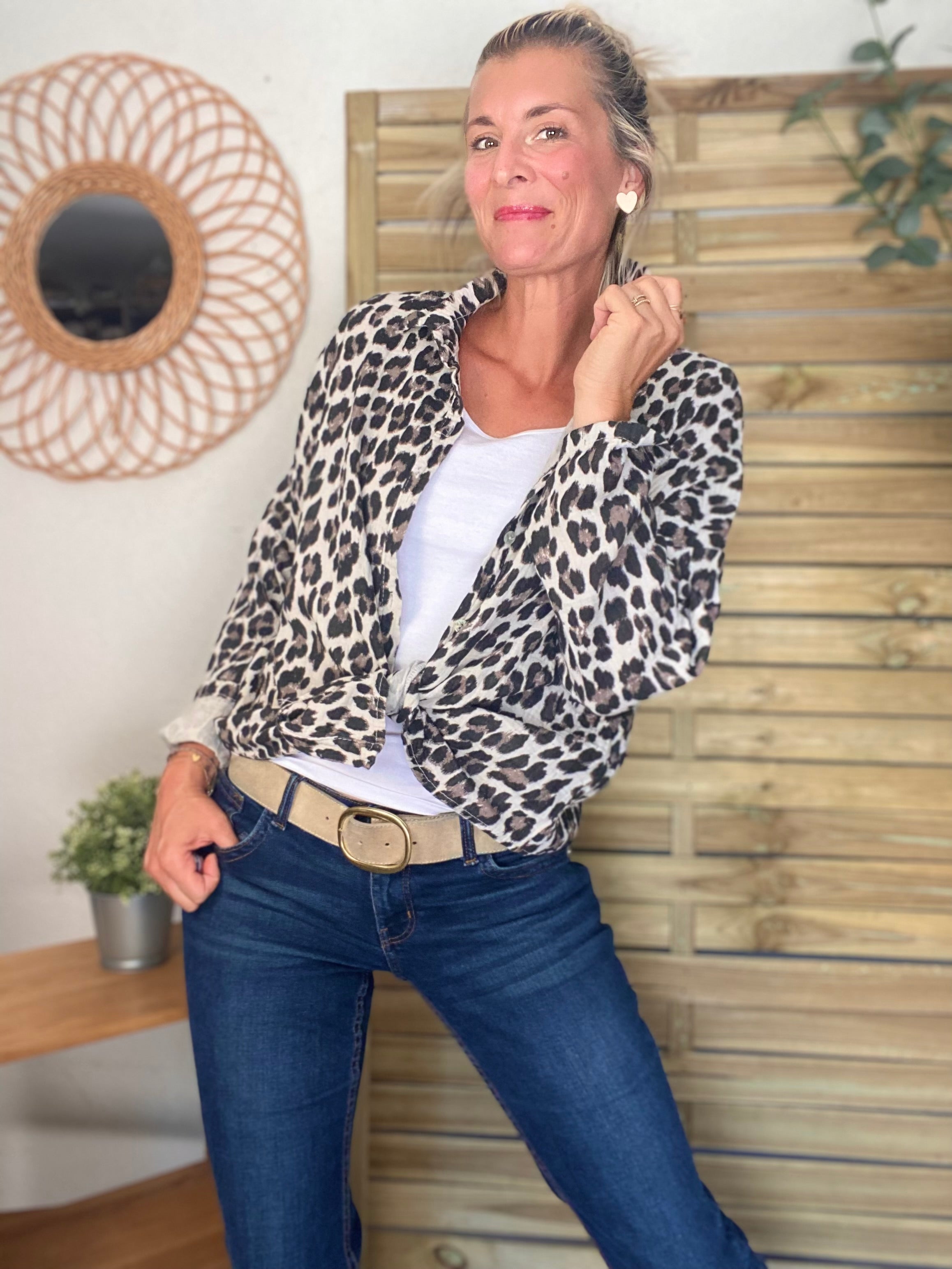 Chemise en gaze de coton imprimé Léo MARCIA - Beige / Taupe