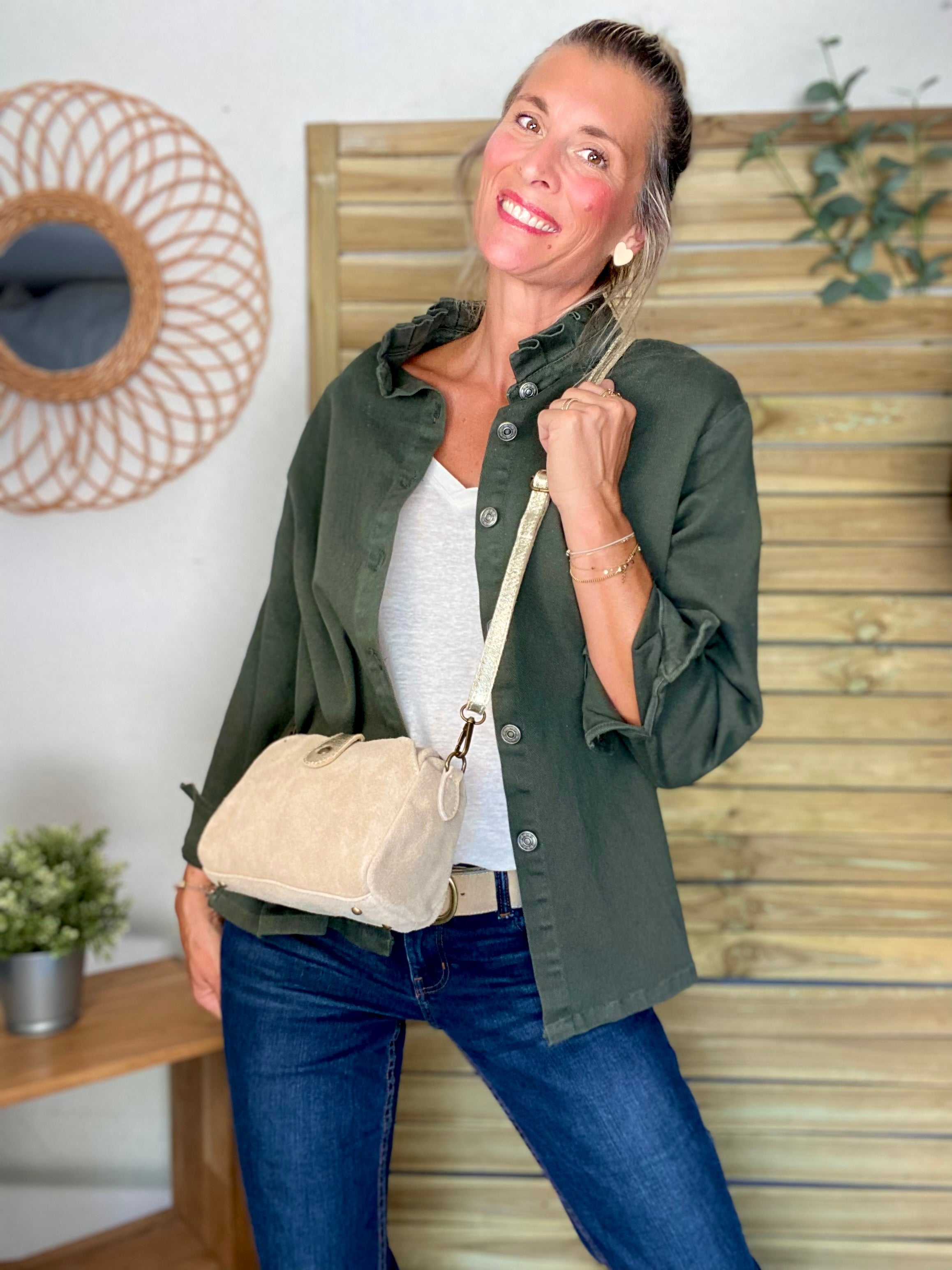 Sac bandoulière en cuir EZRA - Beige/Doré