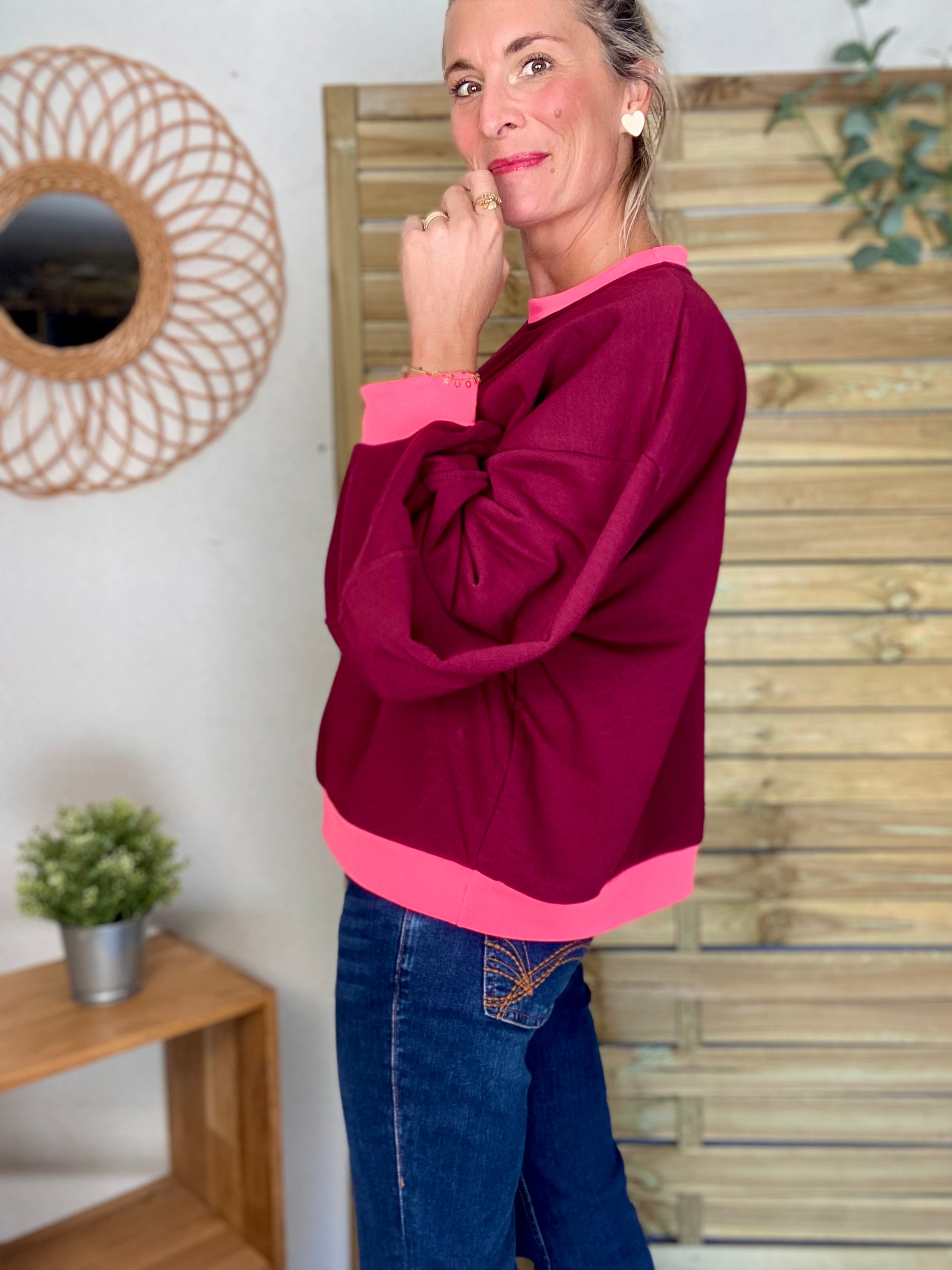Sweat oversize uni Bordeaux/Rose fluo ISALINE