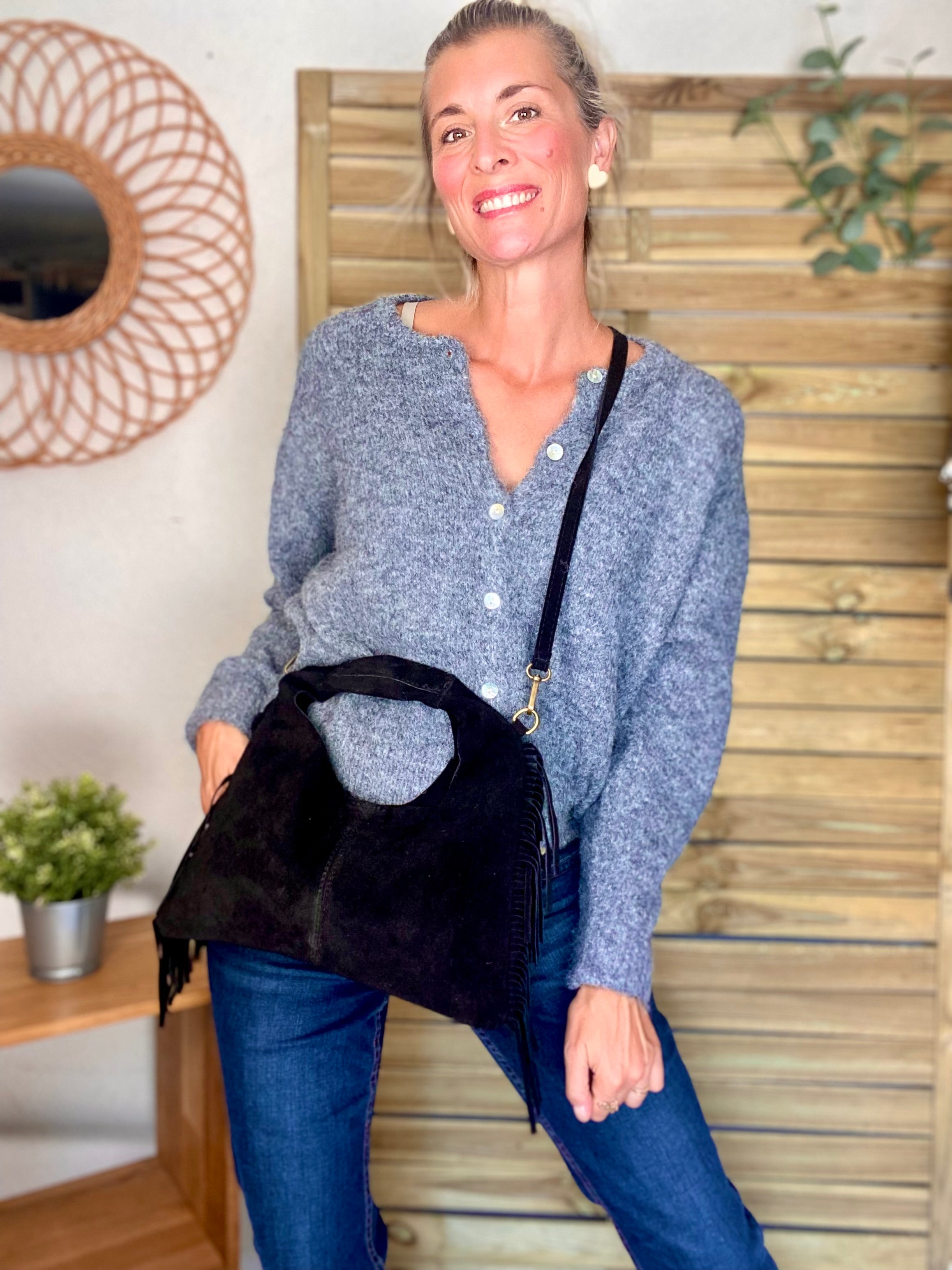 Sac en cuir daim avec franges AARON - Noir