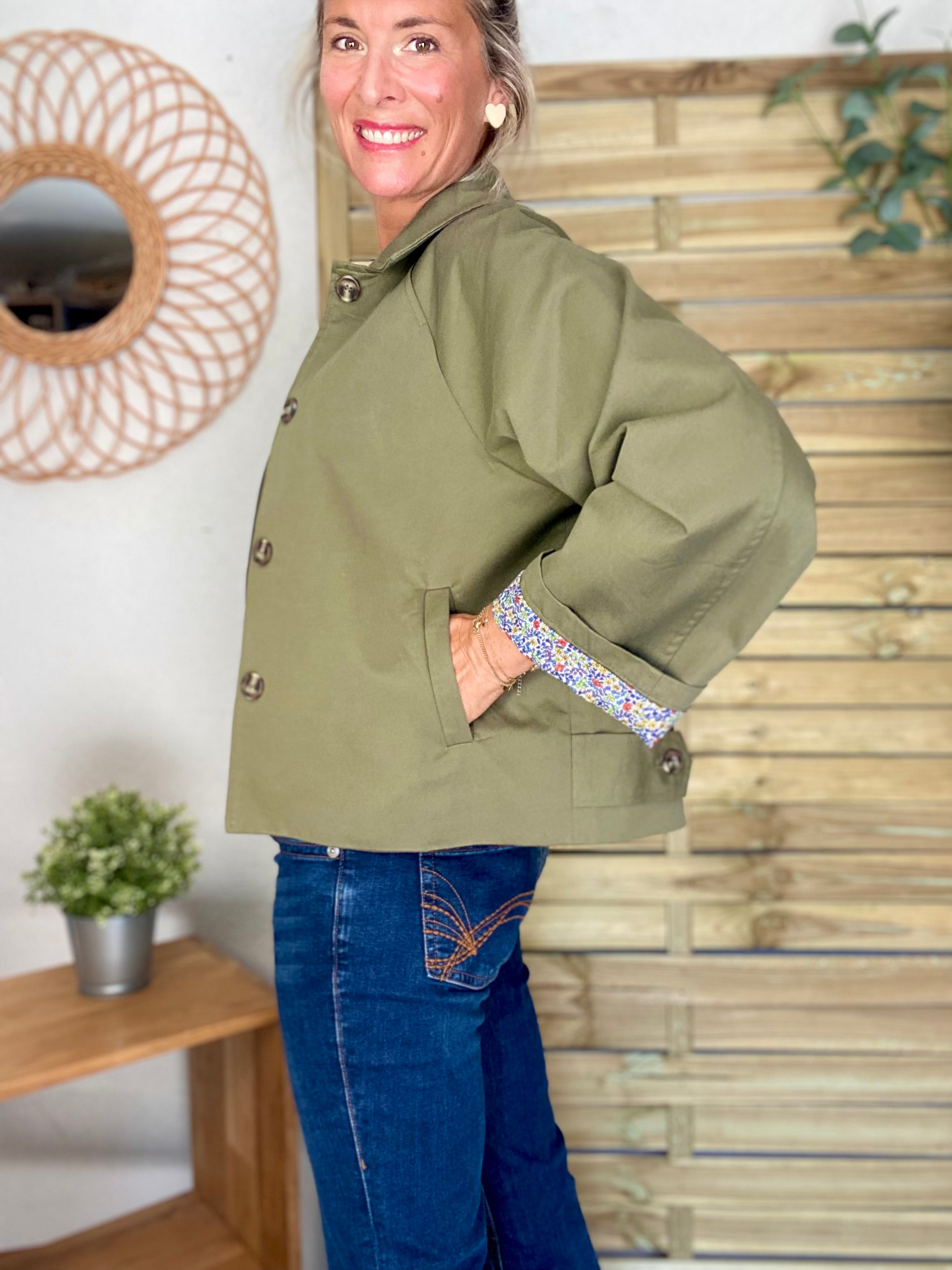 Veste Trench en coton kaki avec Liberty - MAHAUT