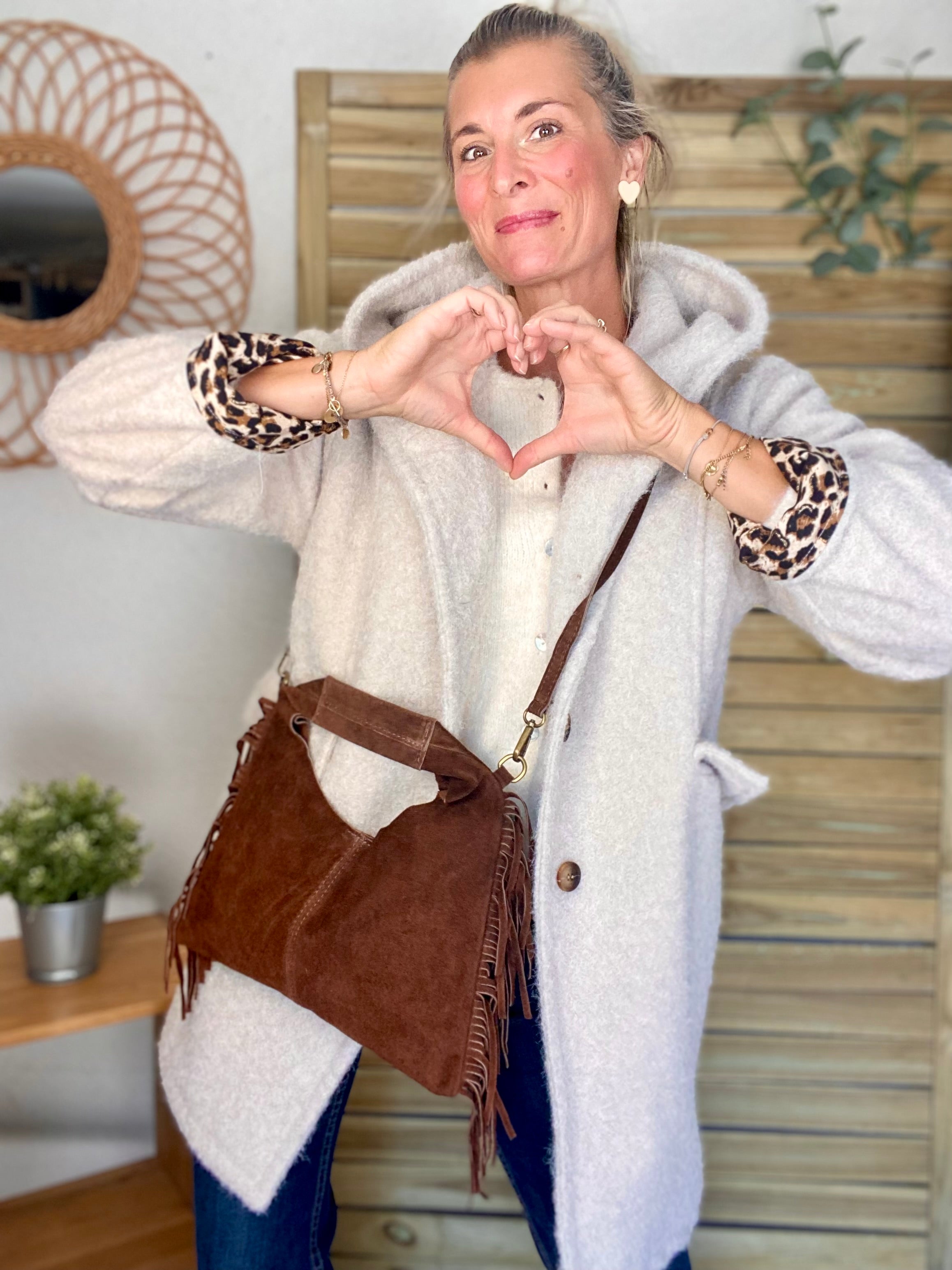 Sac en cuir daim avec franges AARON - Chocolat