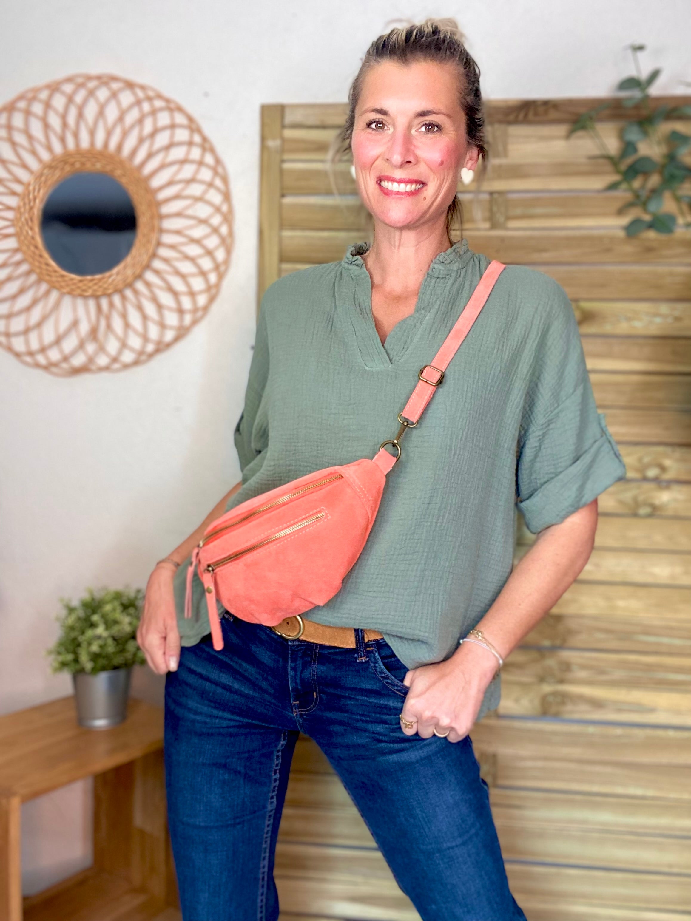 Sac banane double poche en cuir daim - OPALINE - Corail