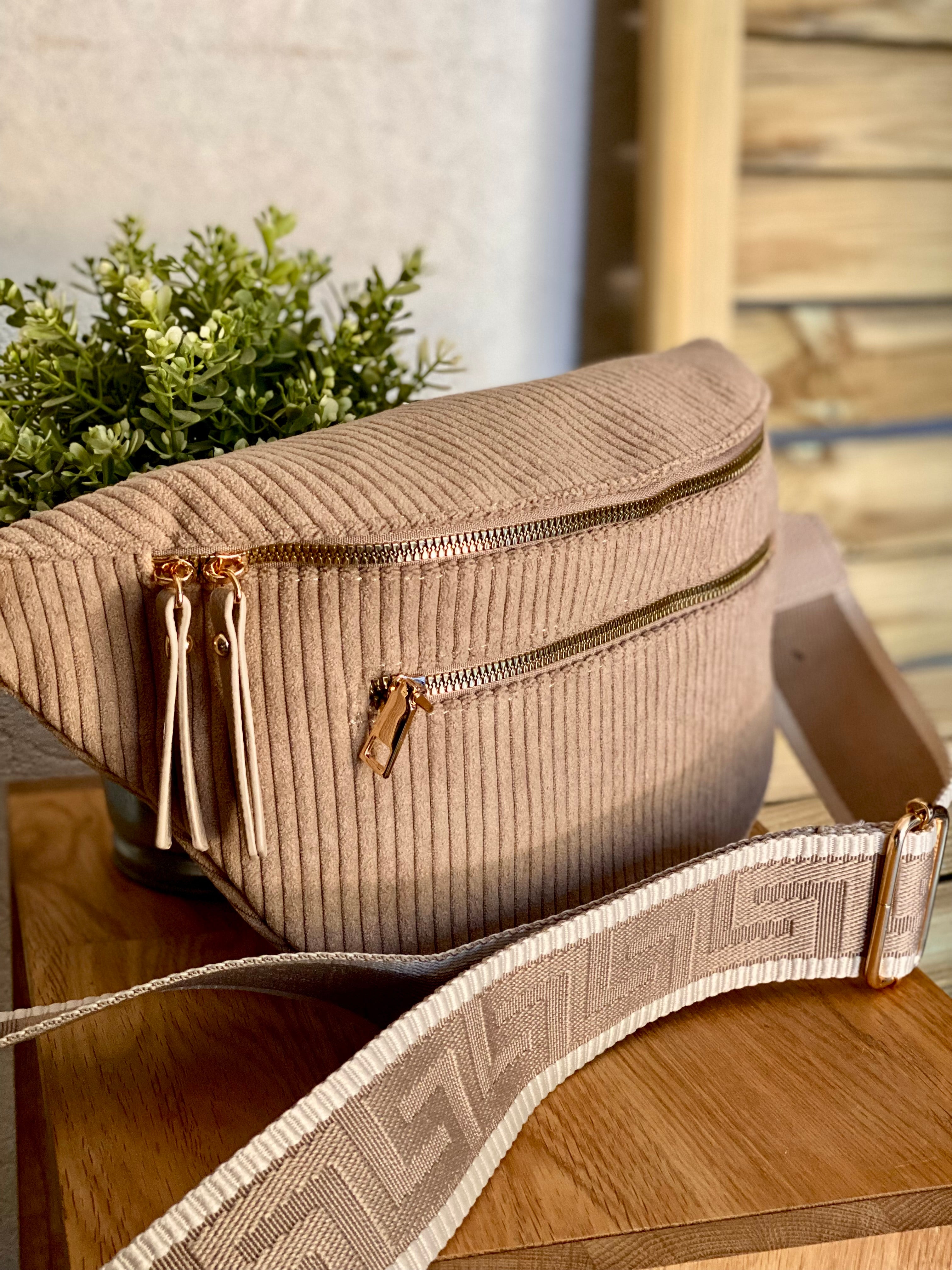 Sac banane XL en velours côtelé 2 zips et sangle fantaisie - WENDY - Taupe