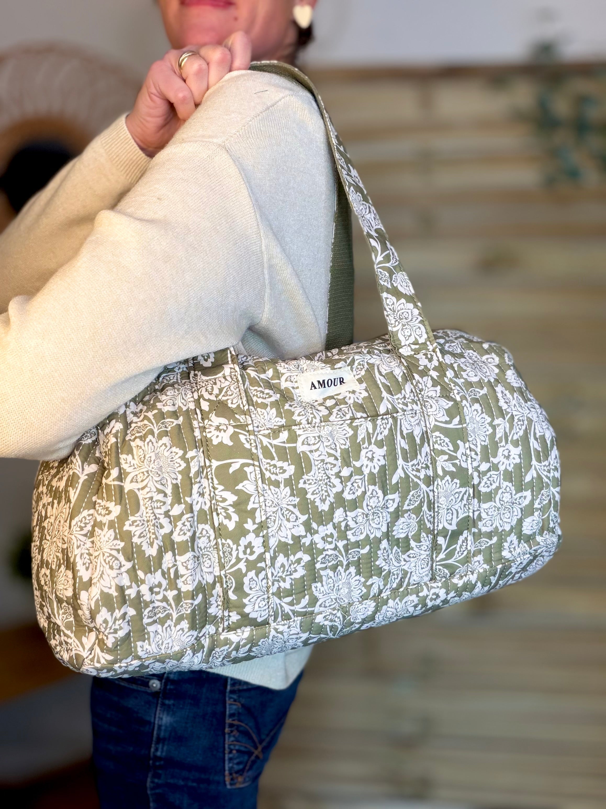 Sac polochon imprimé TARA - Fleuri Kaki