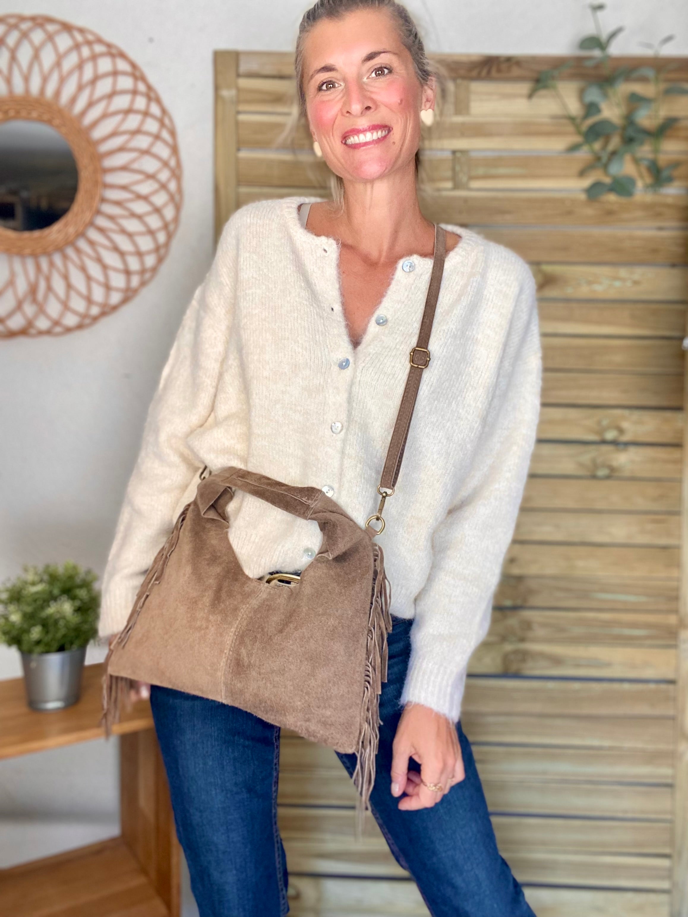 Sac en cuir daim avec franges AARON - Beige taupe