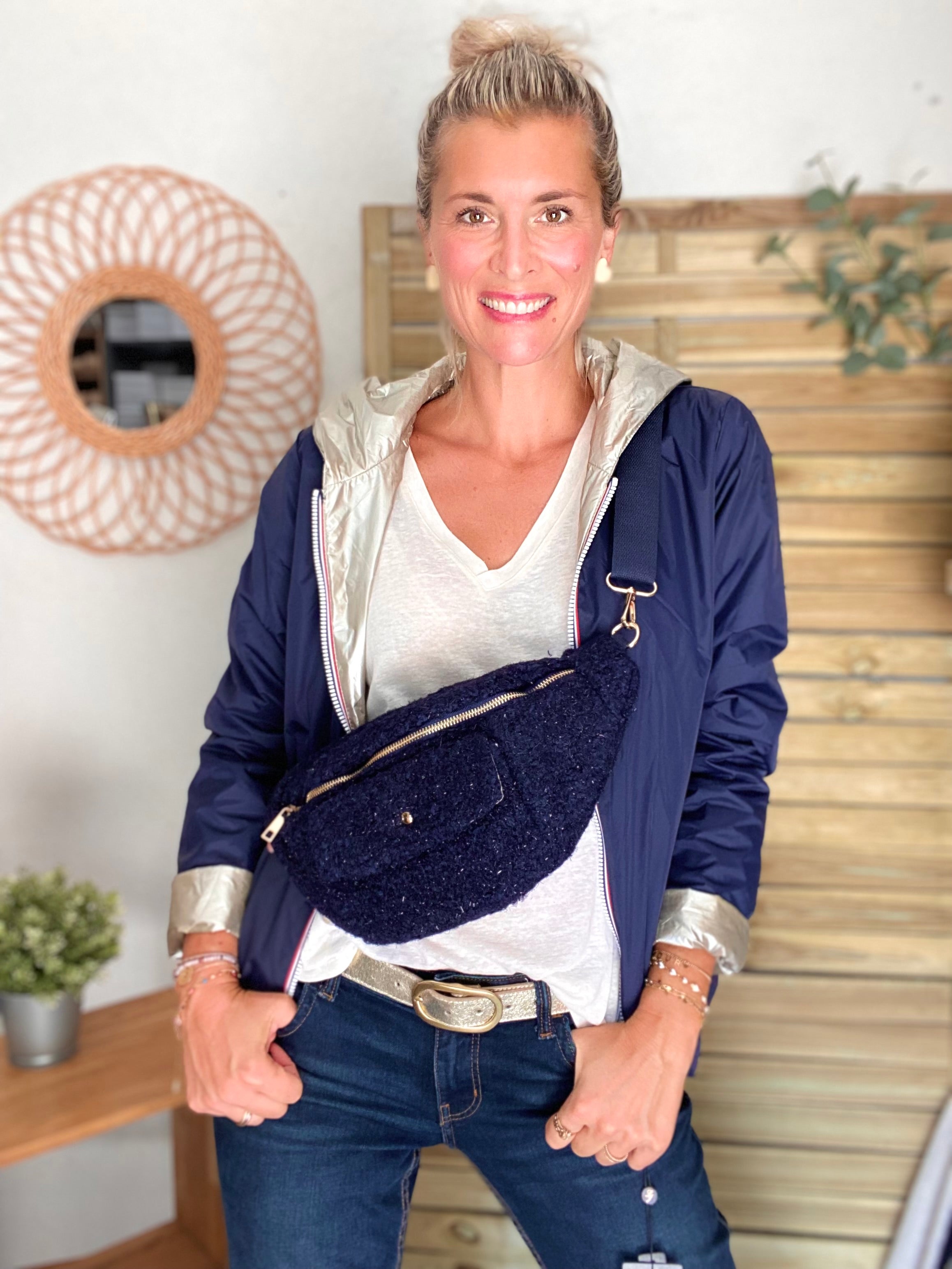 Sac banane XL moumoute lurex avec poche avant - CHELSEA - Marine
