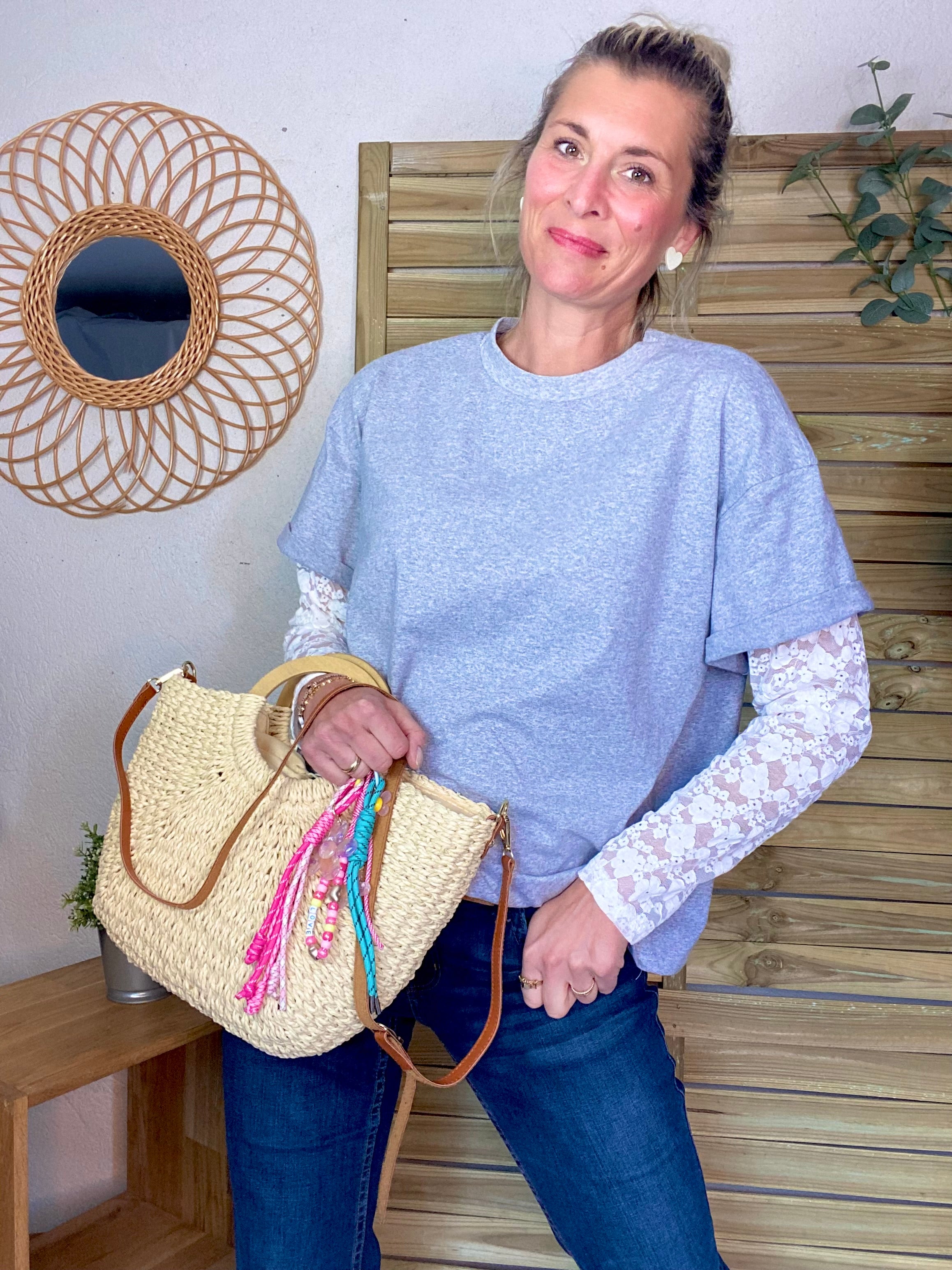 Tee shirt avec manches longues dentelle PAMELA - Gris