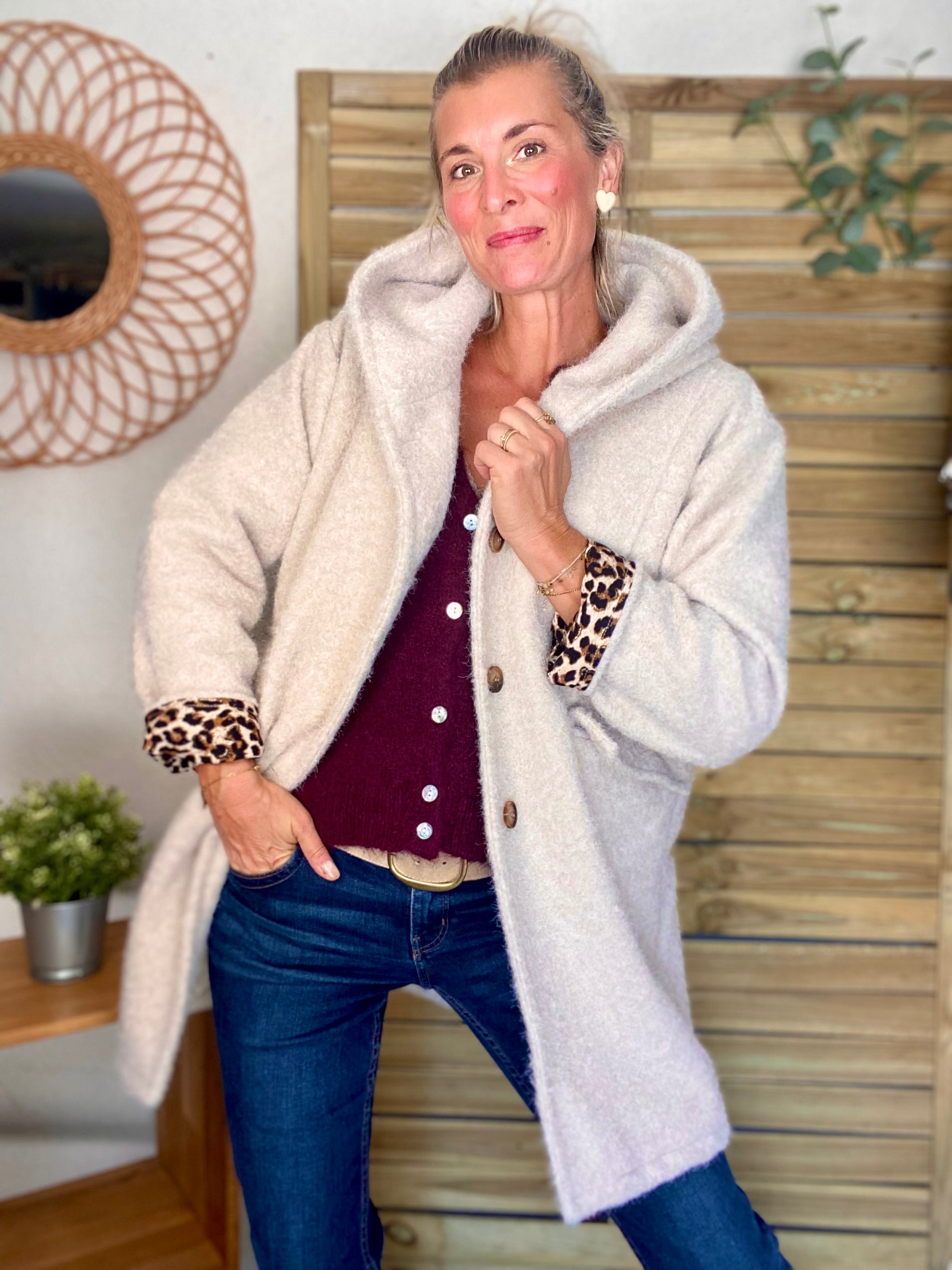 Manteau en laine EUGÉNIE avec détails Léo 🐆 - Crème