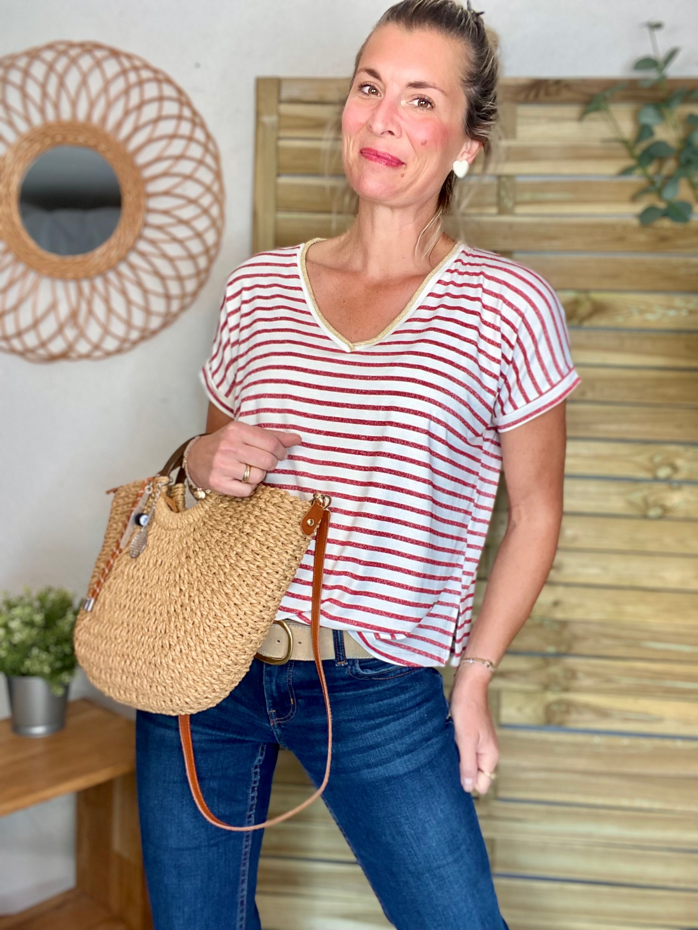 Top rayé col V avec étoile ⭐️ NAOMI - Rouge cerise
