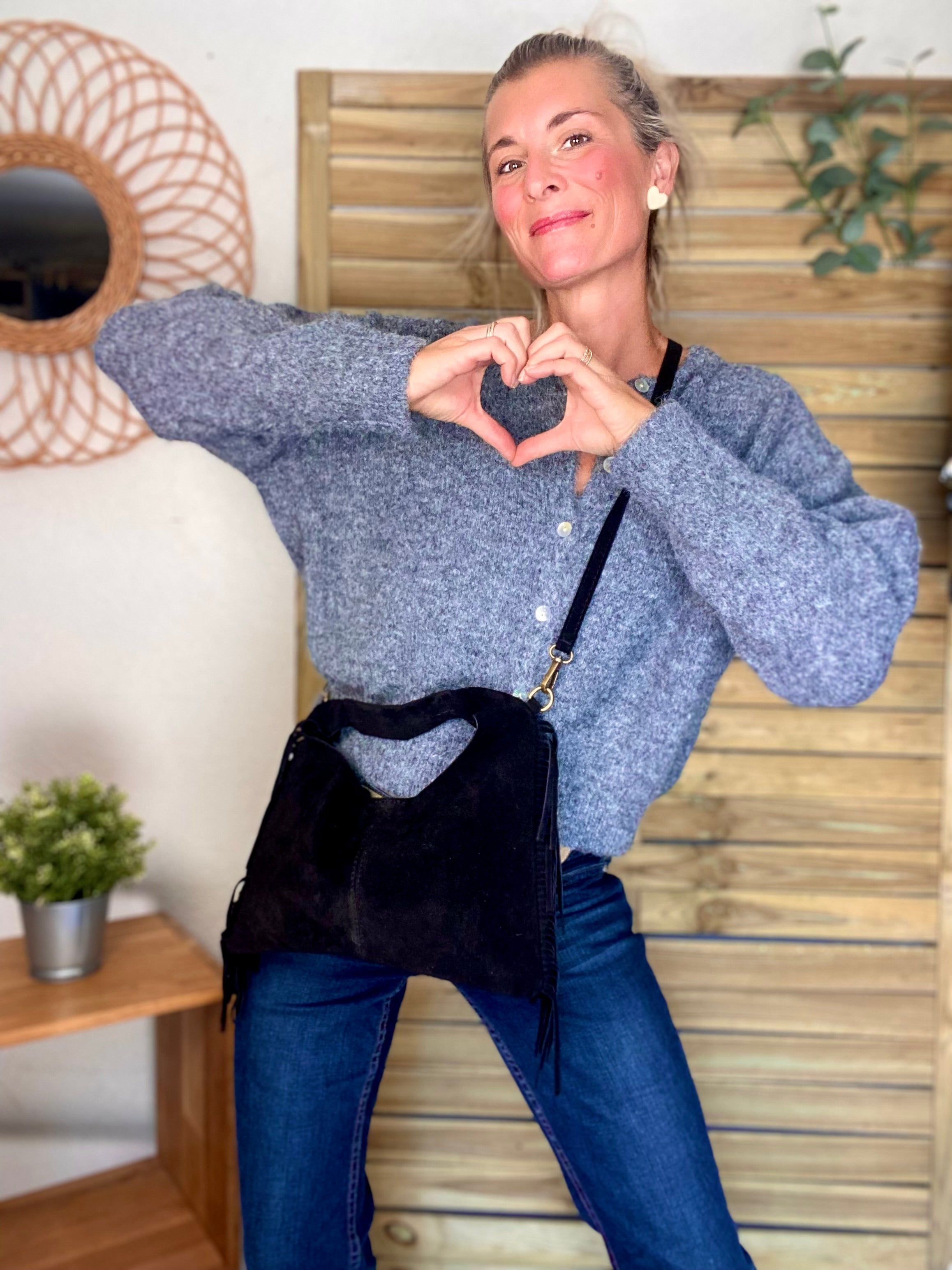 Sac en cuir daim avec franges AARON - Noir